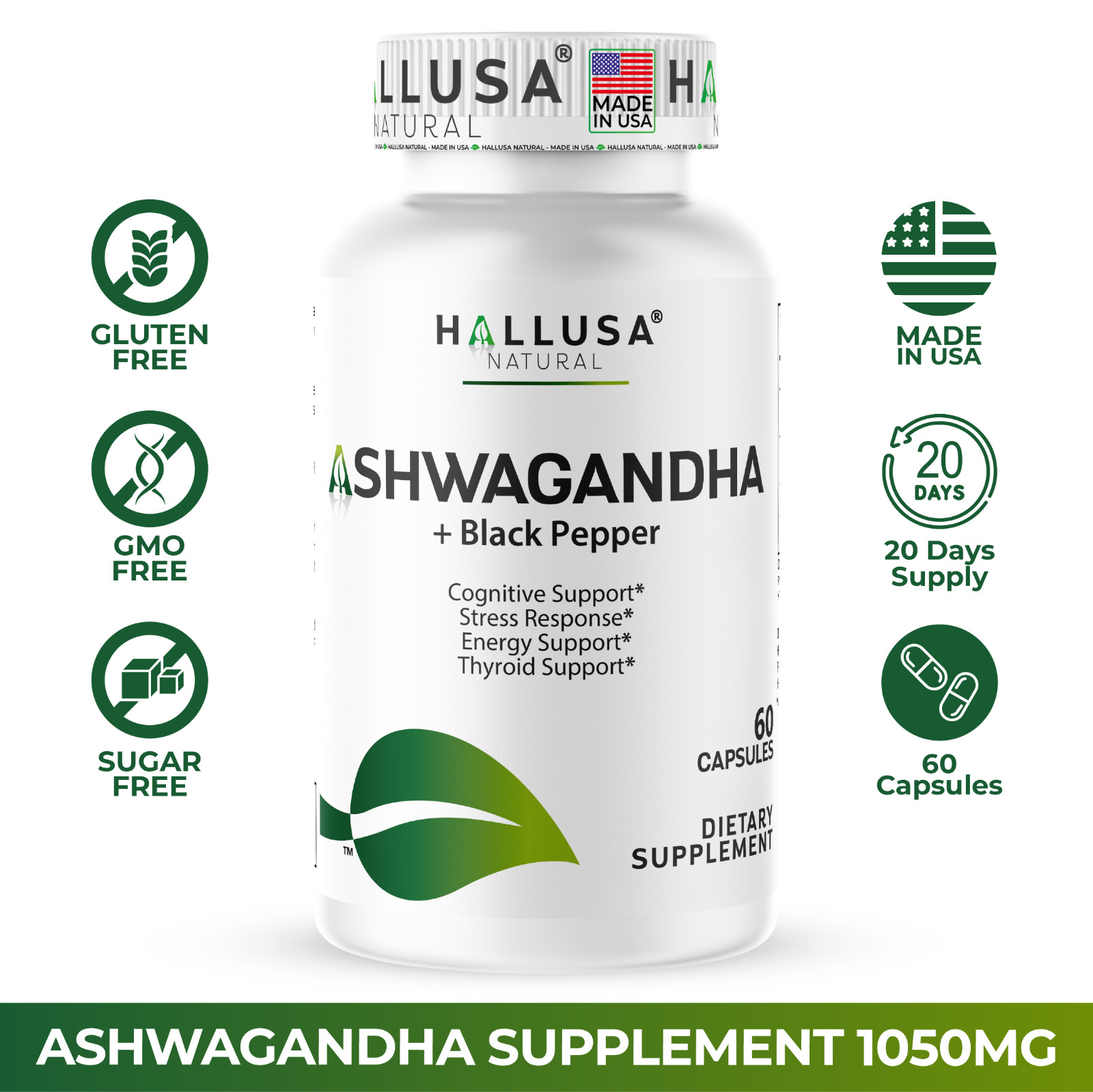 Ashwagandha root extract 1050mg with Black pepper – Stress support – 60 Capsules