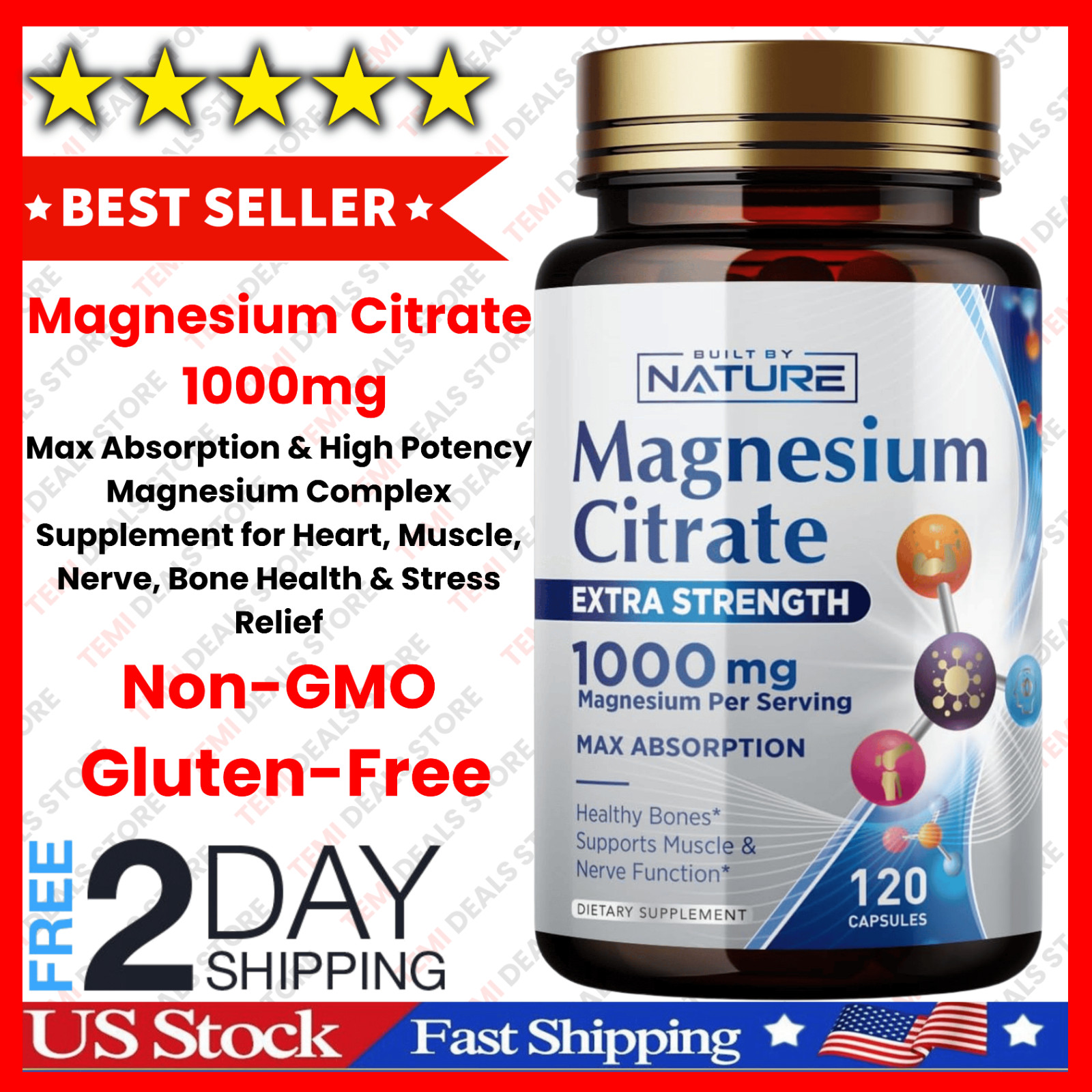 Cápsulas De Magnesio Antiestrés Citrato De Magnesio Puro Y Potasio FREE SHIPPING