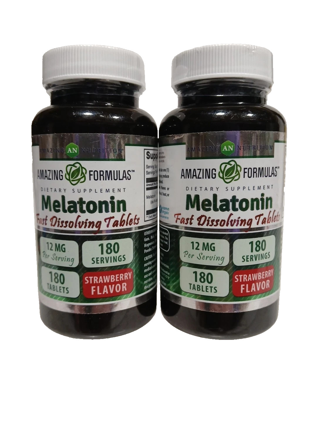 TWO Amazing Formulas Melatonin 12mg 180 Tablets Each Strawberry Fast Dissolving
