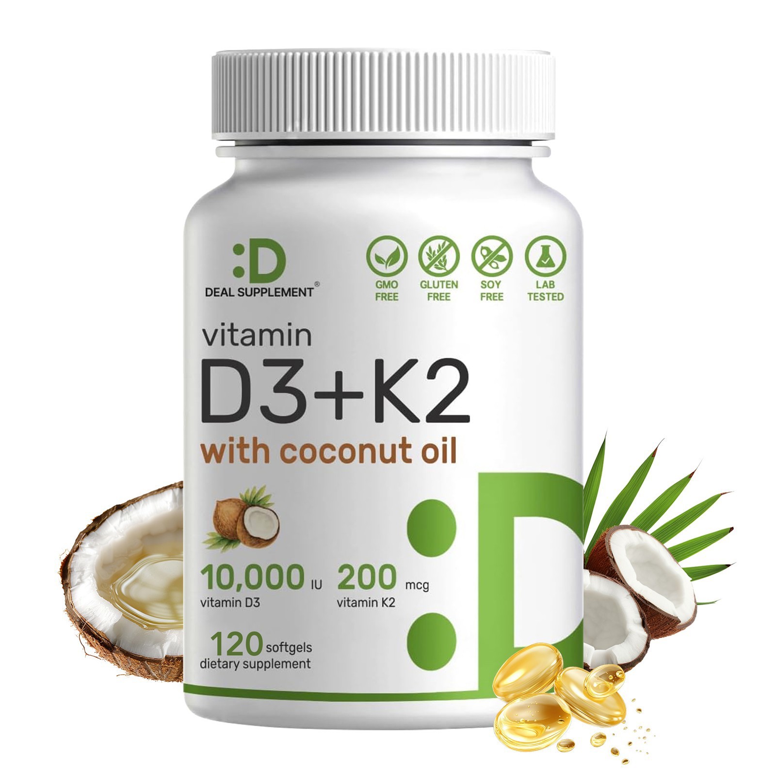 DEAL SUPPLEMENT Vitamin D3+K2 – Immune Support Strong Bones – with Coconut Oil