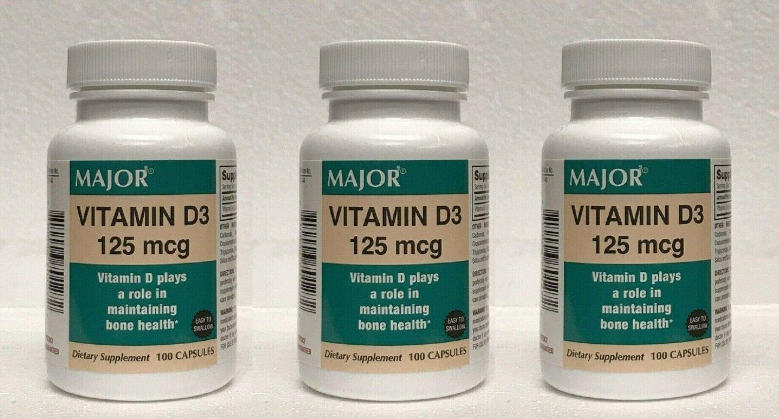 Rugby Vitamin D3 Dietary Supplement 125 mcg (5000 IU) 100 Capsules X *3 Pack*