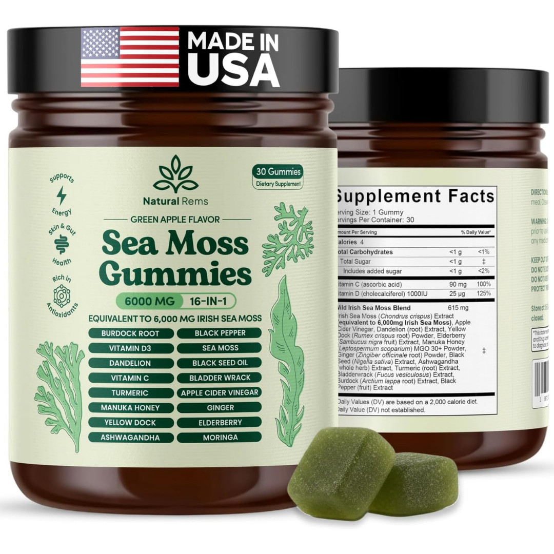 Natural Rems Sea Moss Gummies 16-in-1 – Ashwagandha Black Seed Oil Bladder Wrack