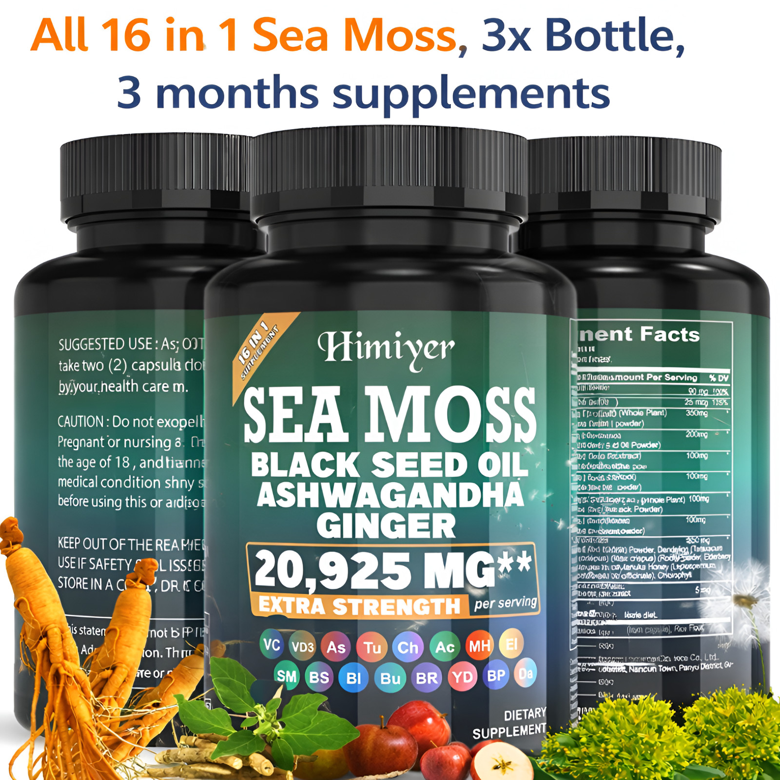 Sea Moss Ashwagandha Black Seed Oil Ginger Turmeric-16 in 1, 3 Bottle- 180 pcs