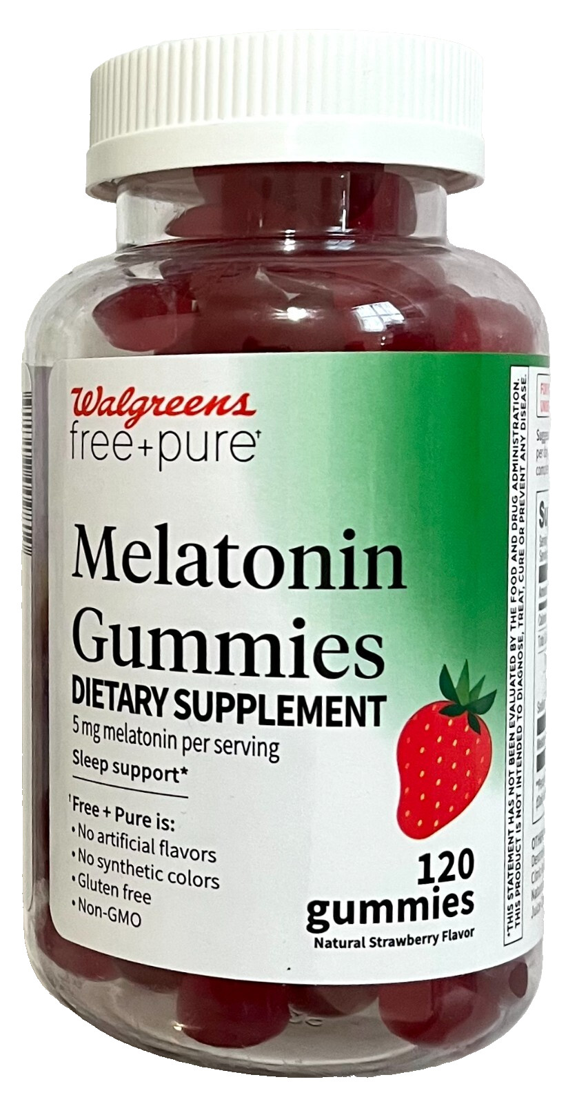 Walgreens Free +Pure 5mg Melatonin Sleep Support Gummies, Strawberry-120 Gummies