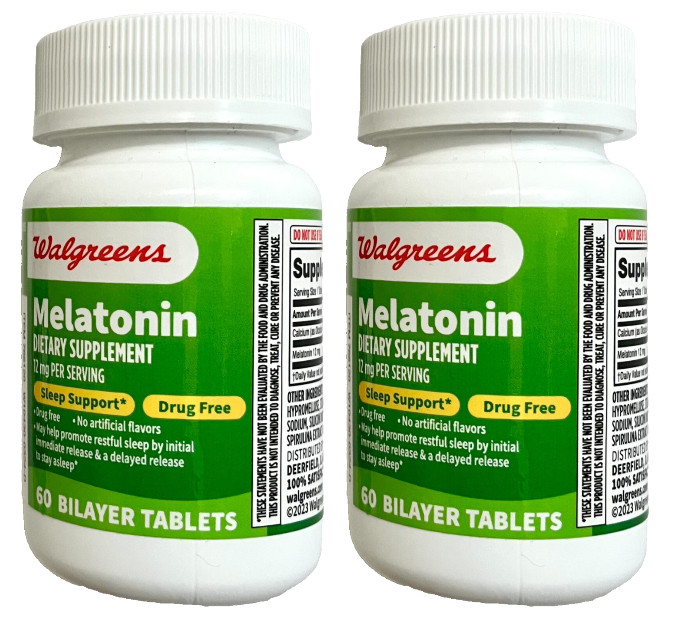 Walgreens Melatonin 12mg Sleep Supports-60 Tablets-Pack of 2=120 Bilayer Tablets