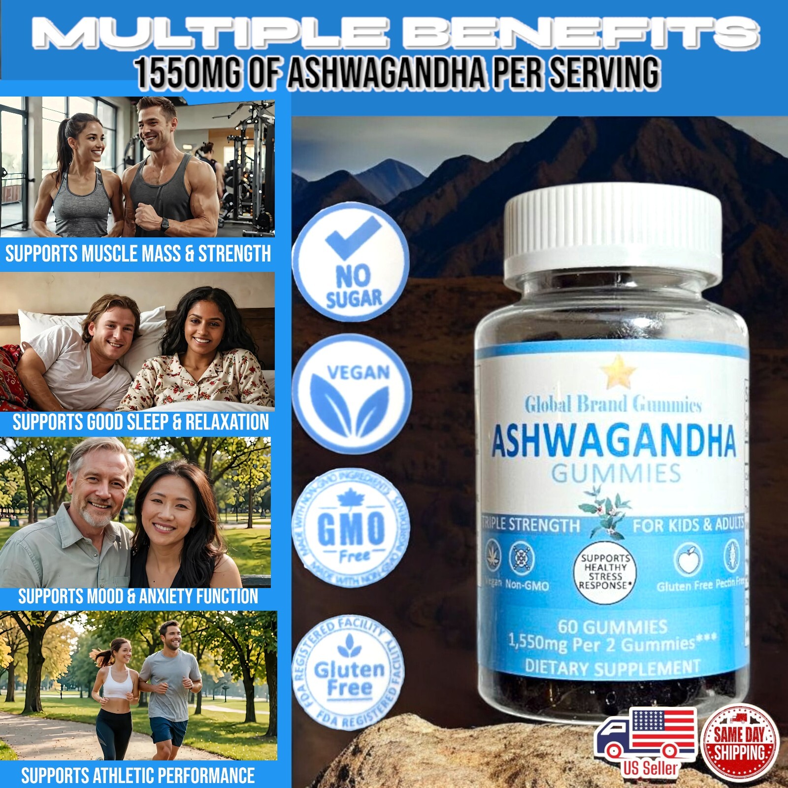 Ashwagandha Gummies 1550 MG w Vitamin D3 Sleep Mood Immune Performance 60 Ct