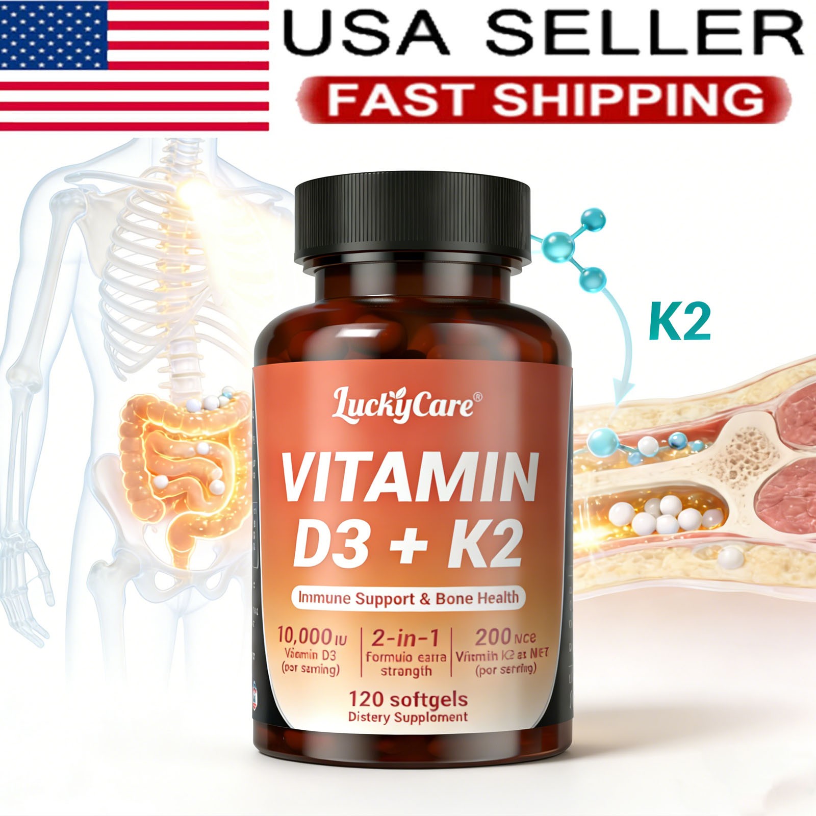 IU+K2 200mcg Vitamin D3 10000 120 Softgels, Bone & Immune Support Supplement US