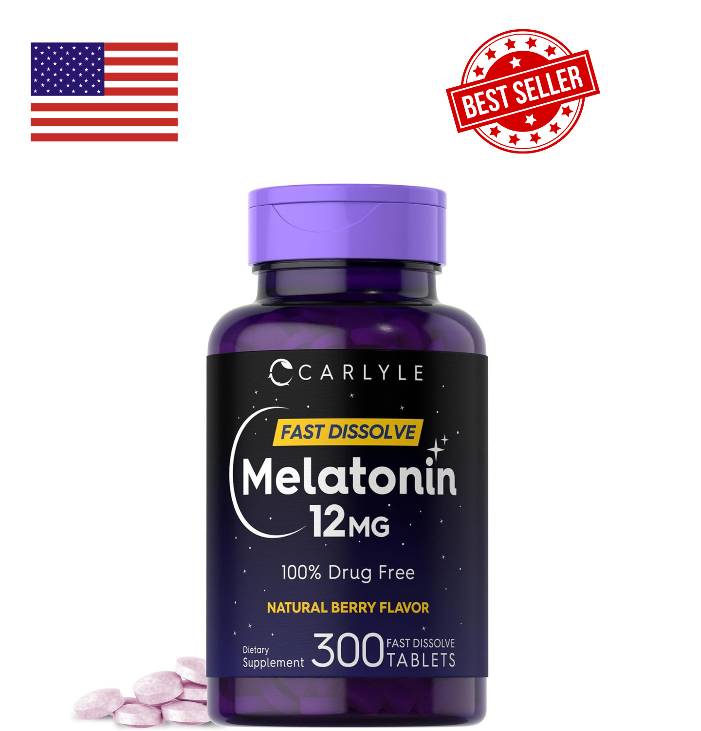 Carlyle Melatonin 12 mg Fast Dissolve 300 Tablets | Drug Free | Natural Berry