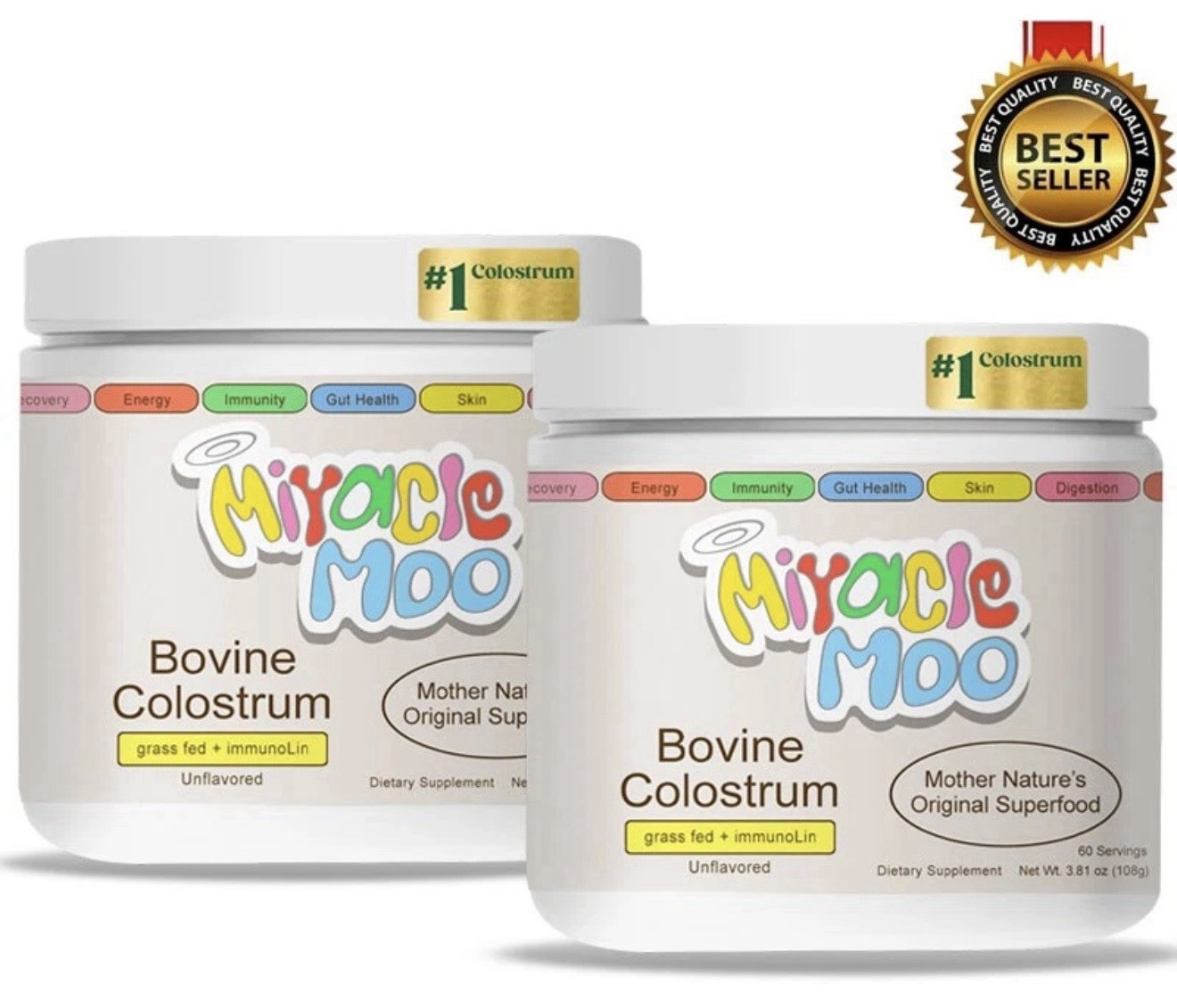 (2 Pack) Miracle Moo Natures Bovine Colostrum grassfed+immunolin Supplement 60SV