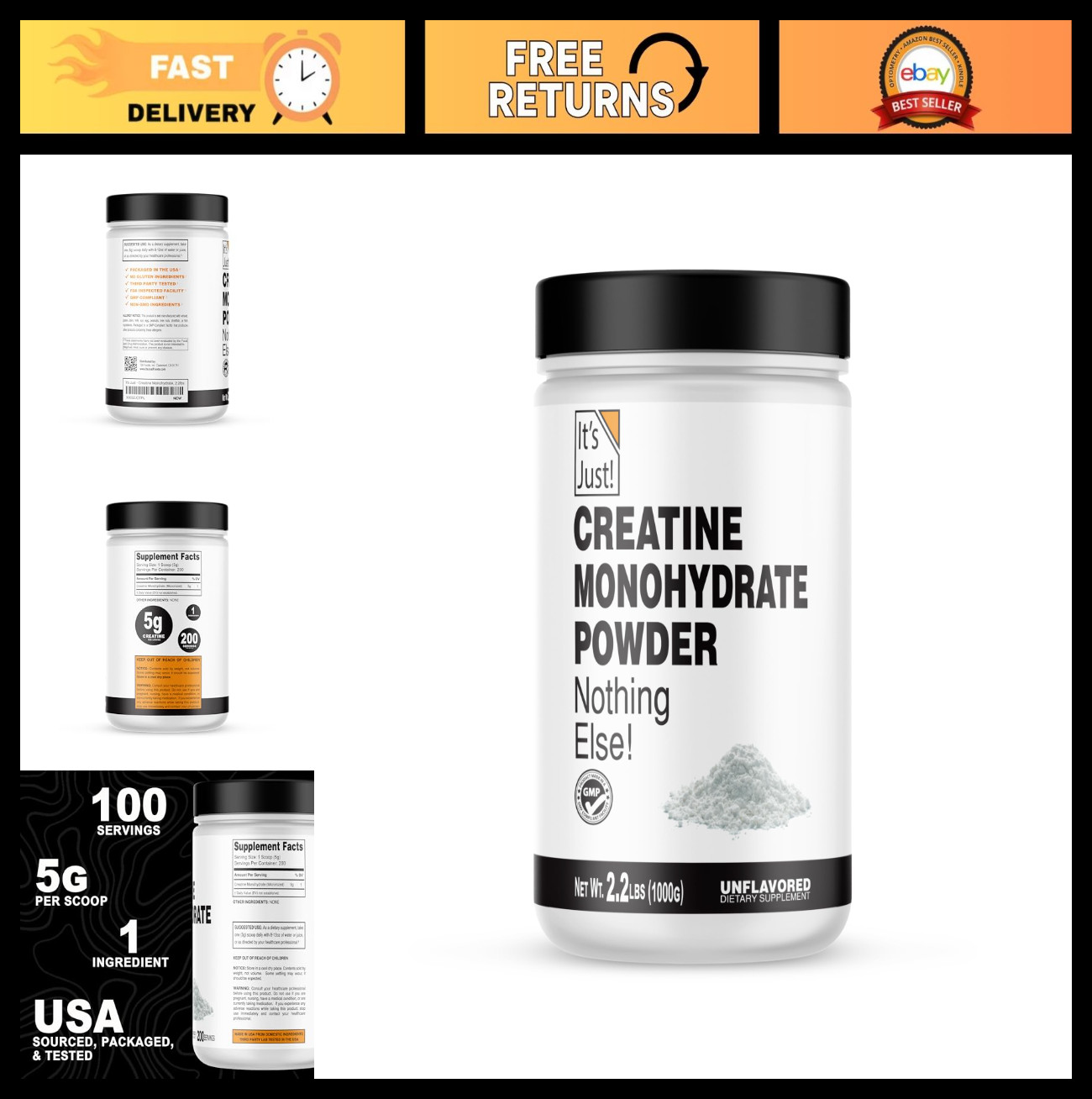 Pure Creatine Monohydrate Powder – Unflavored, 1000g, 5g Serving, Lab Tested