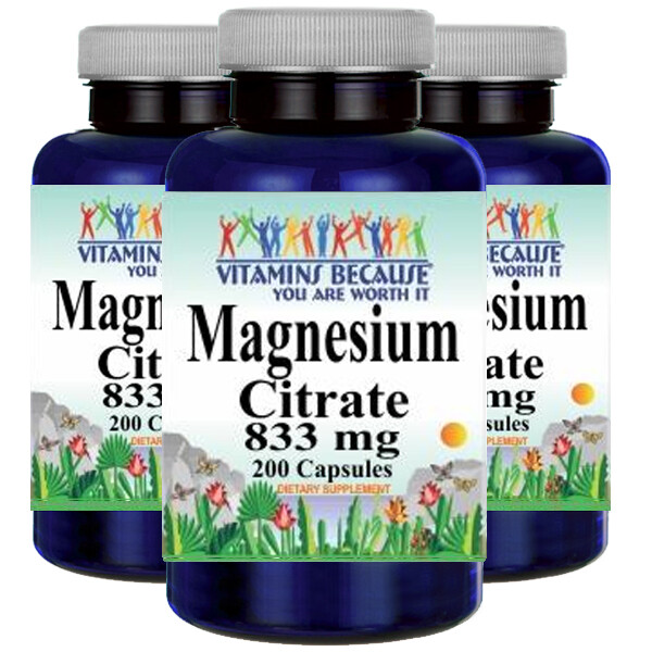 Magnesium Citrate 833mg 3X200 Caps – Made US/USDA Facility – Vitamins Because