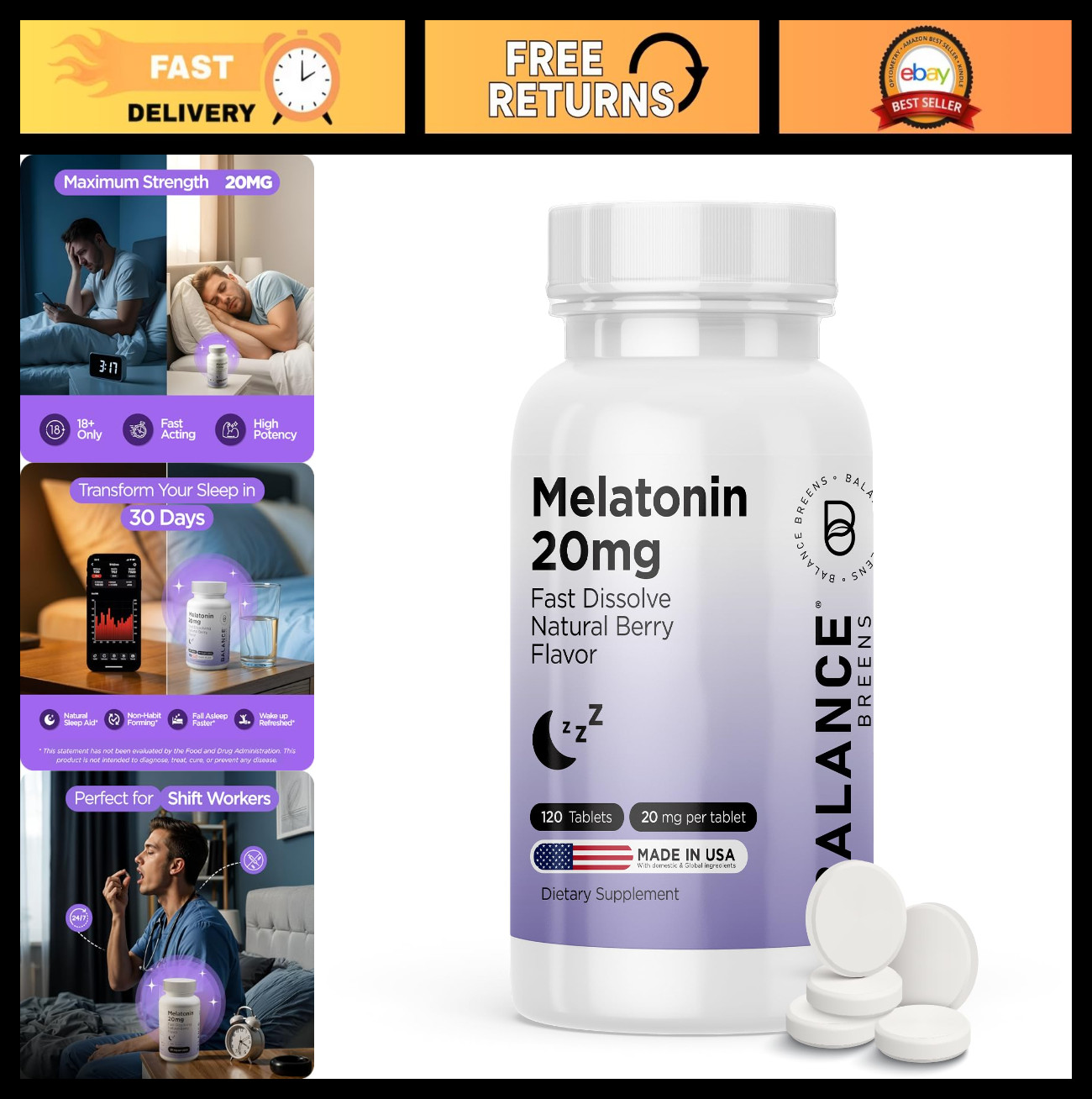 20mg Melatonin Fast Dissolve Tablets – Natural Sleep Aid, Non-Groggy, 120 Count