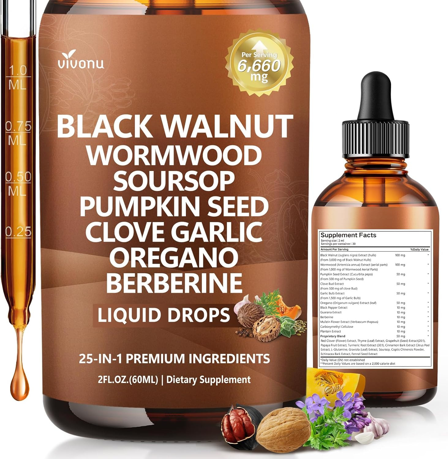 25-In-1 Liposomal Black Walnut Wormwood Clove Tincture, 6660Mg Cleanse for Human