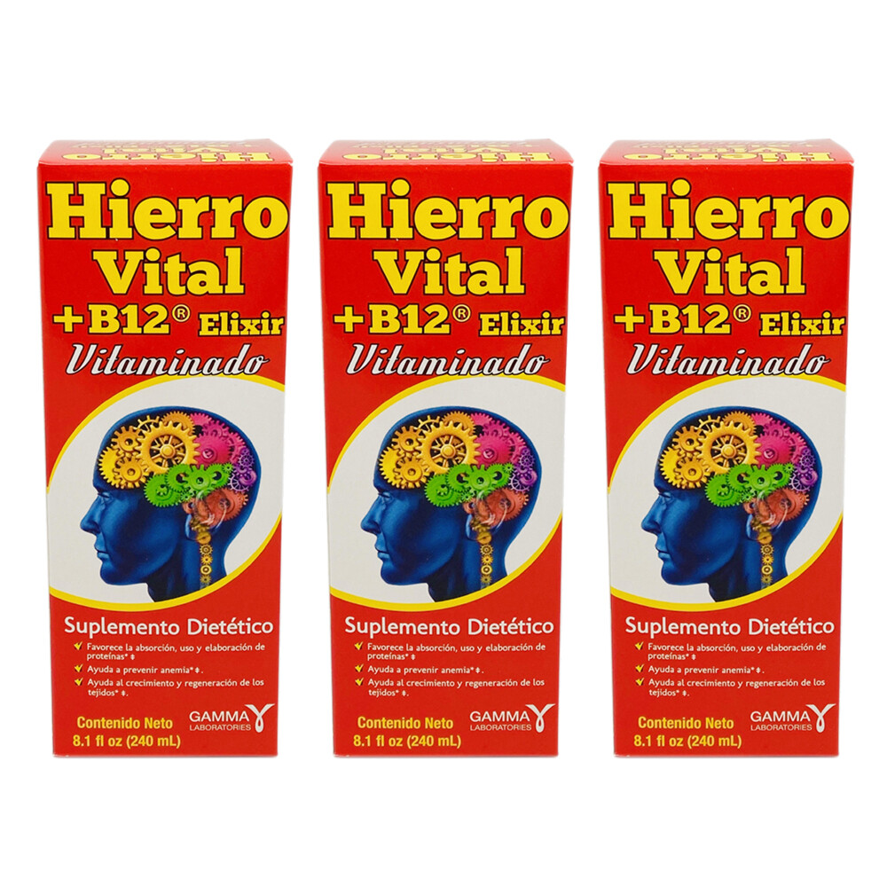 Hierro Vital B12 Dietary Supplement. Multi-vitamin Complex. 8.1 fl.oz. Pack of 3