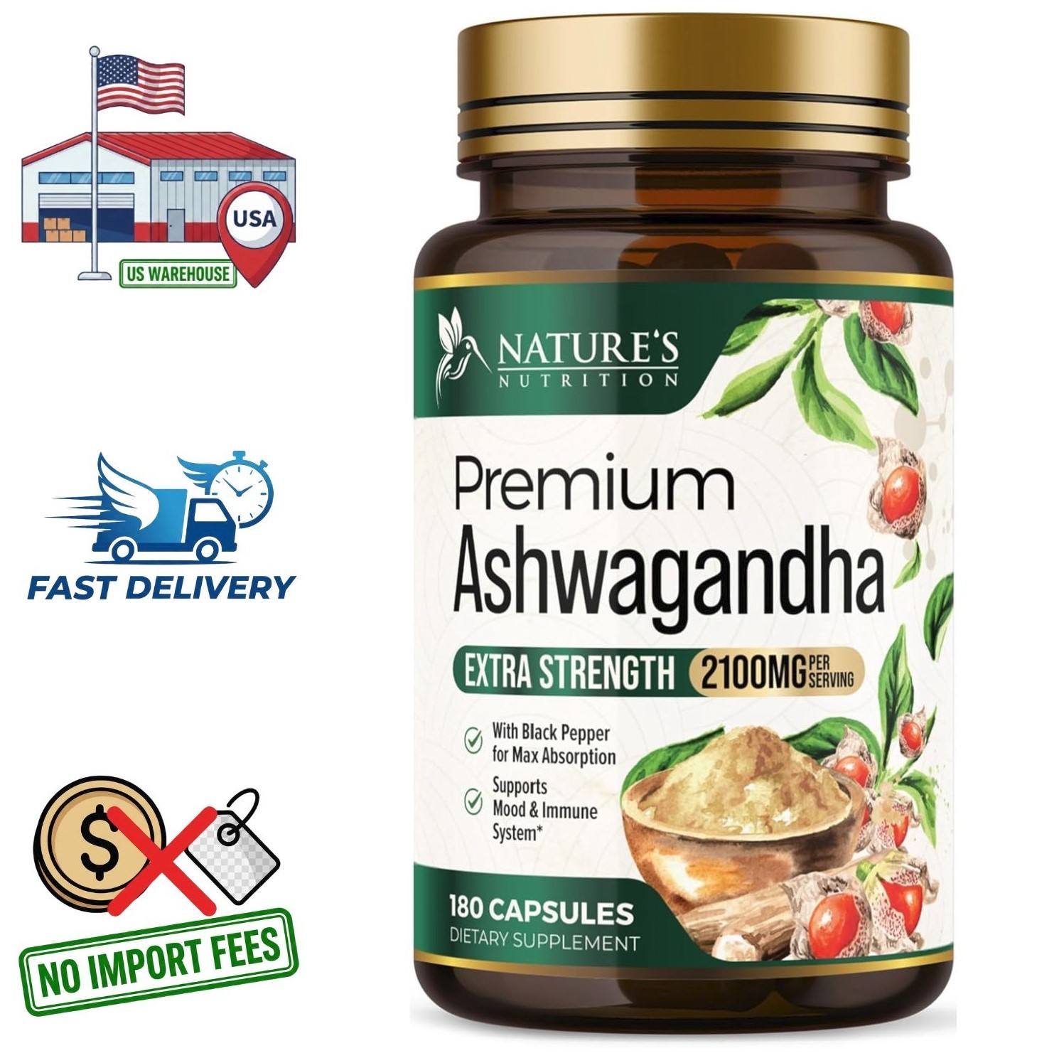 Ashwagandha en Polvo y Extracto de Raíz 2100mg con Pimienta Negra | 180 Cápsulas