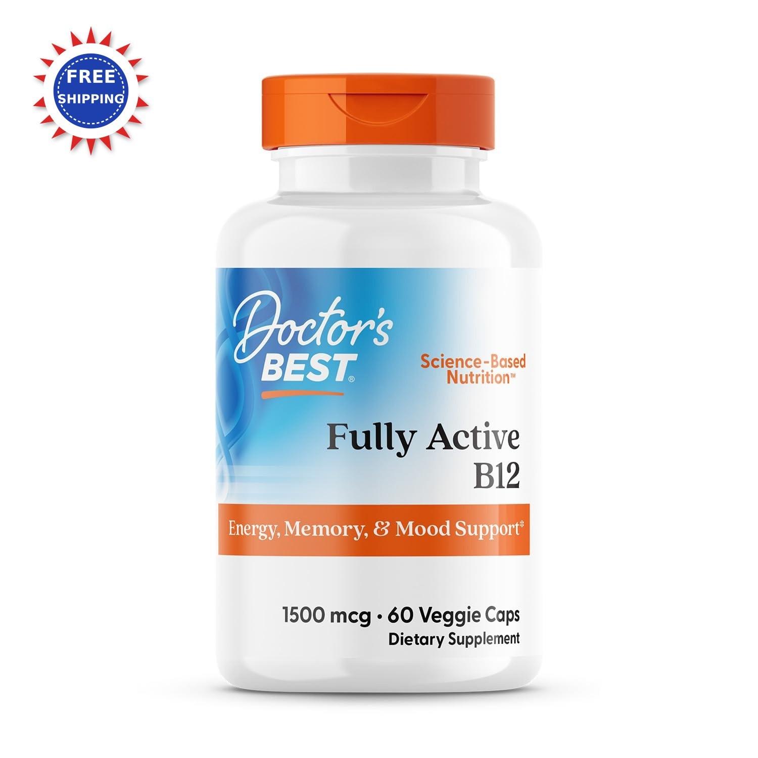 Fully Active B12 1500 mcg 60 Count Doctors Best Non-GMO Vegan Gluten Free Memory