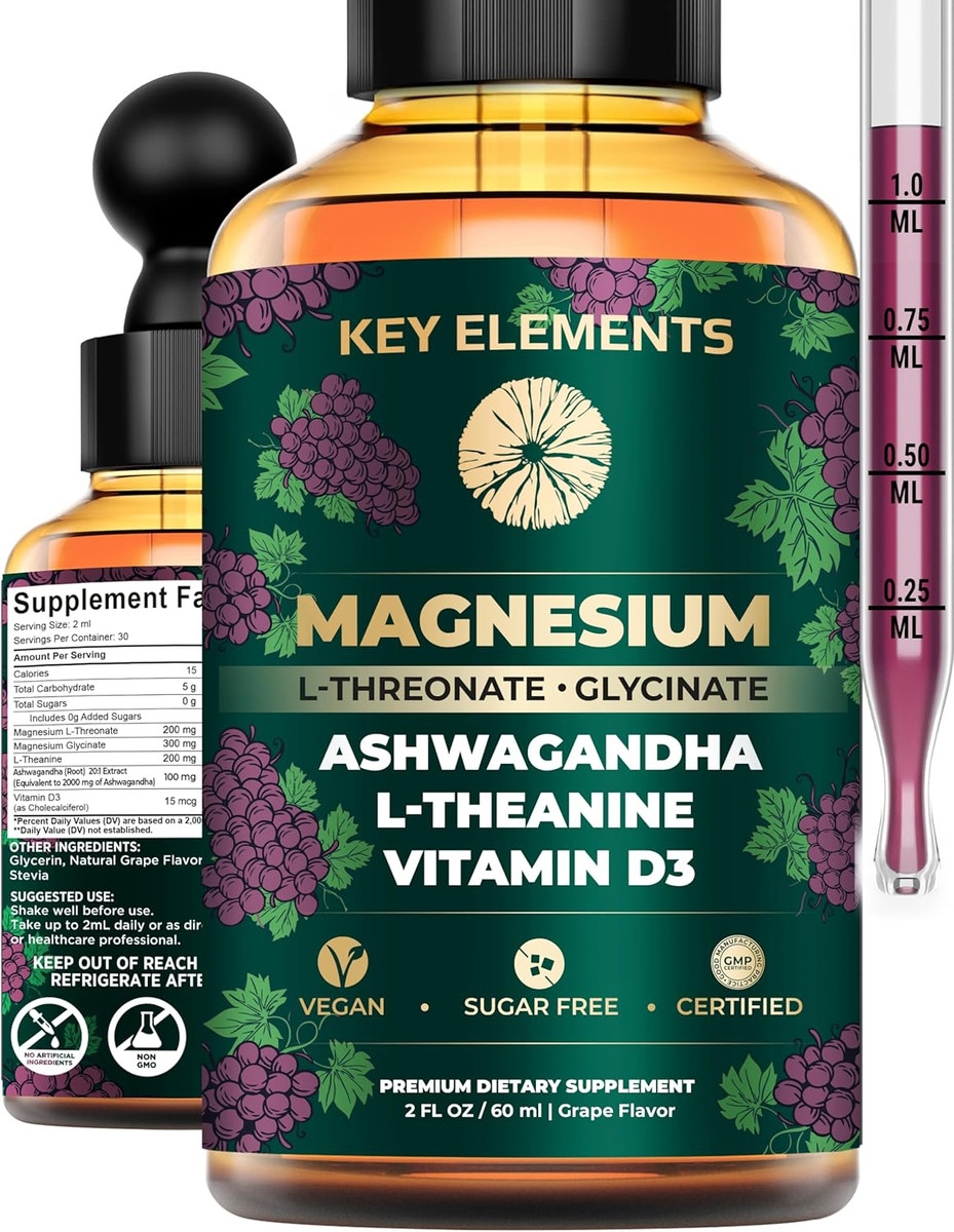 Liquid Magnesium L-Threonate with Magnesium Glycinate for Sleep, Ashwagandha, D3