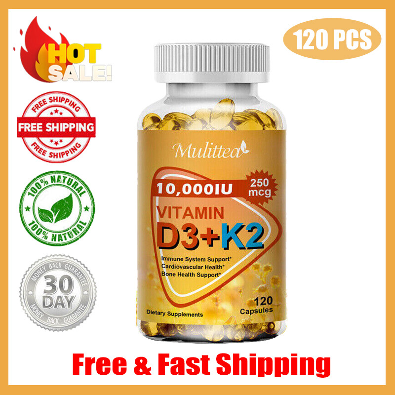 120 Vitamin D3 + K2 (MK-7) Capsules 250mcg For Immune & Bone Health 10,000IU