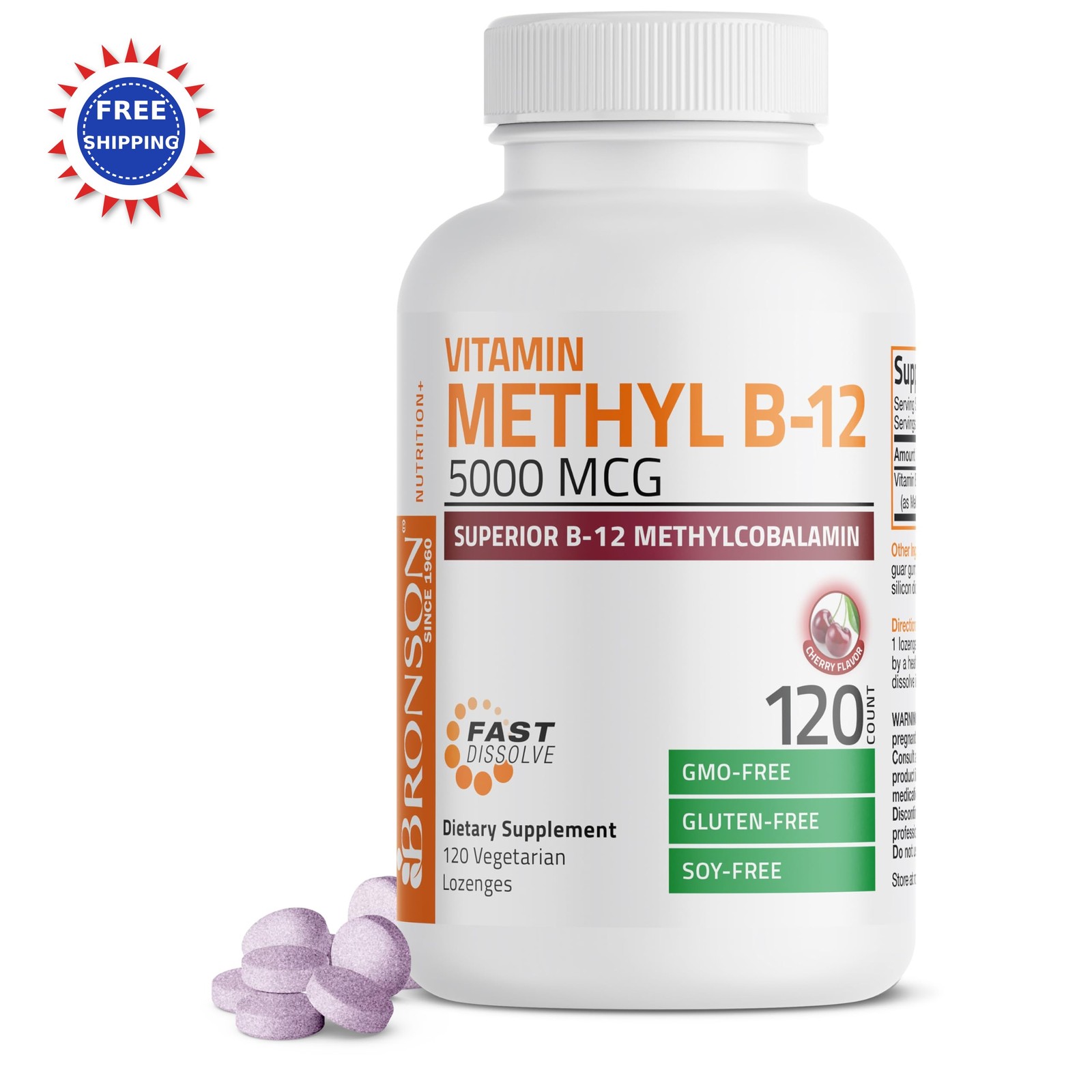 Vitamin B12 Methylcobalamin 5000mcg Lozenges 120ct Bronson Energy Brain Support