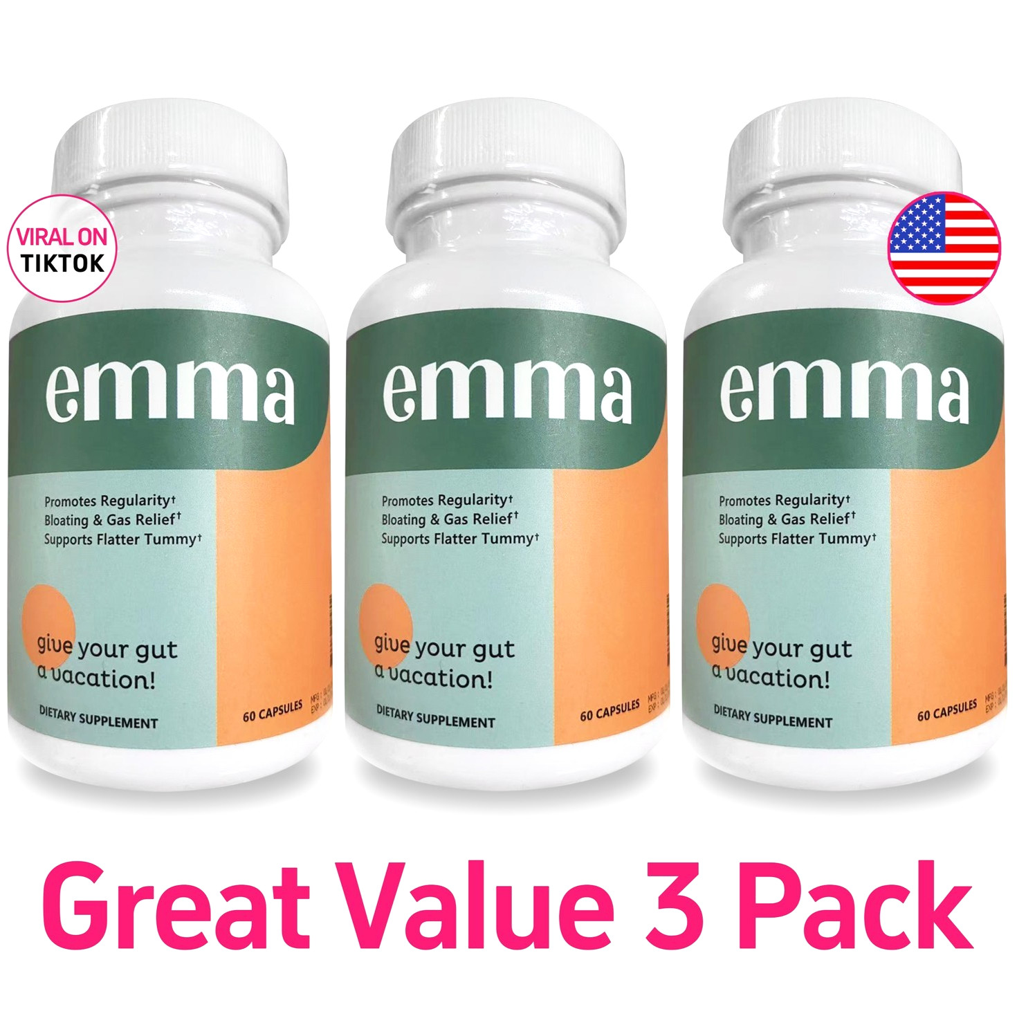 3 Pack Emma Gut Health Supplement 180 Capsules for Bloating Relief & Leaky Gut