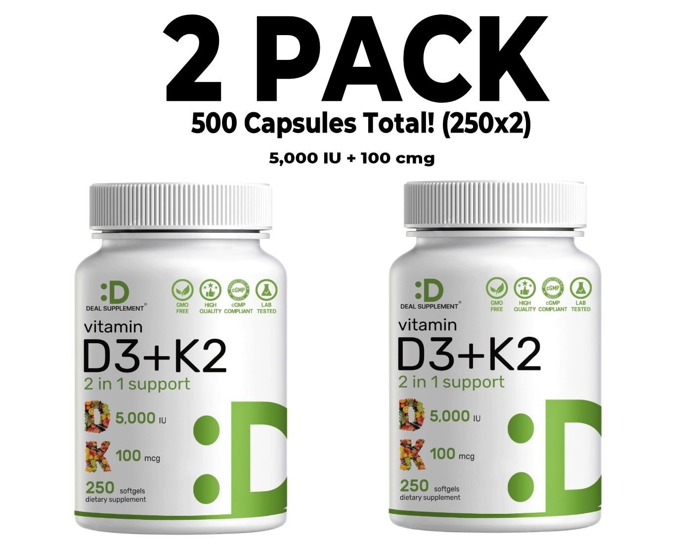 Vitamin D3 + K2, 2 PACK, 5000 IU and 100 mcg, 250 softgels, 2 in 1 Complex