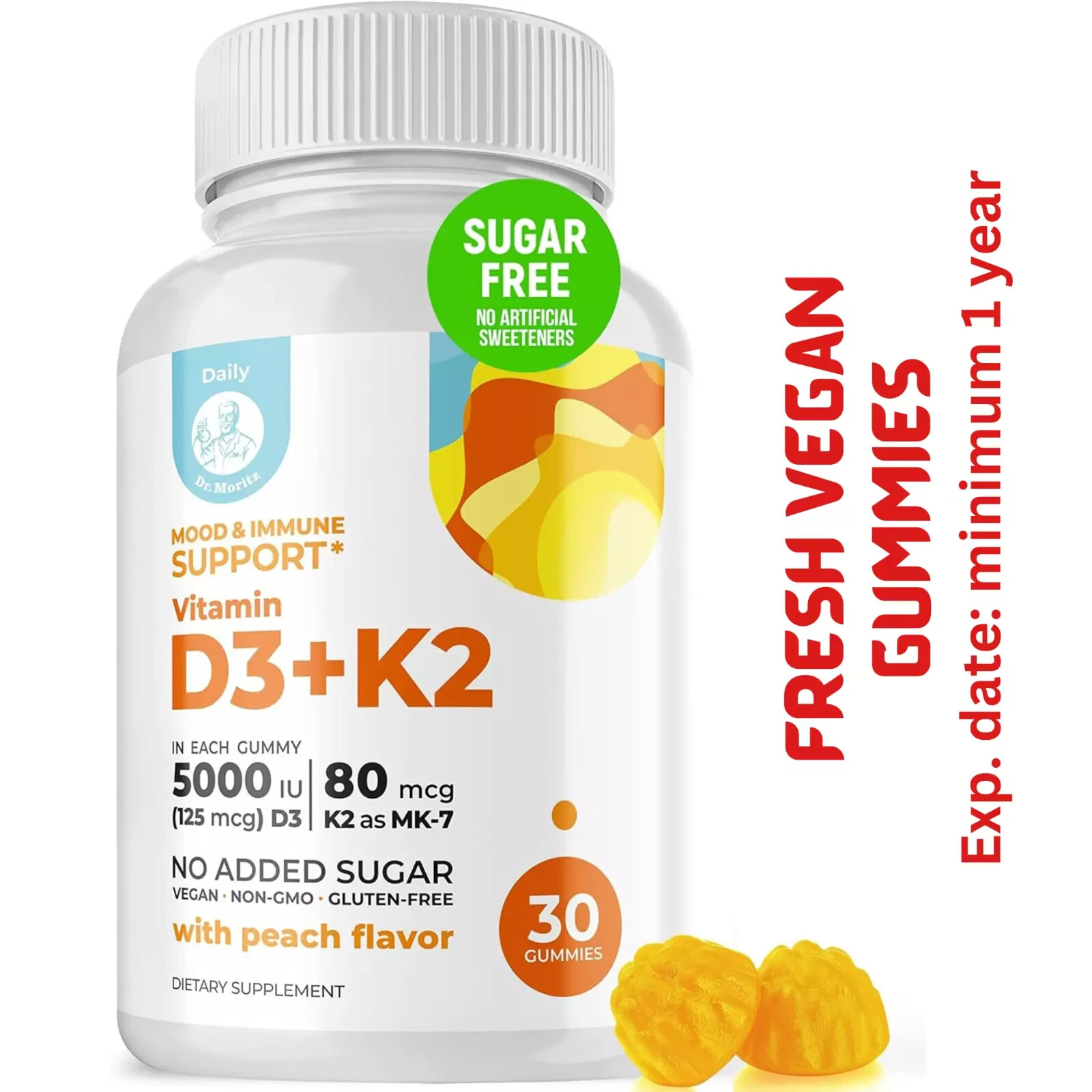 DR. dr MORITZ Vitamin D3 K2 Gummies 5000 IU – Sugar-Free VIT D, 60 Ct Exp 12/25