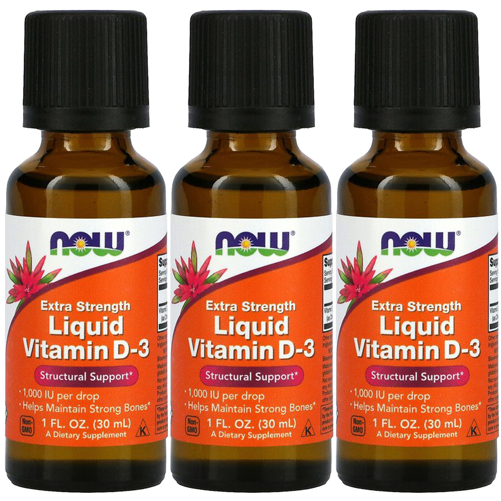 Now Foods Liquid Vitamin D-3, Extra Strength, 1,000 IU, 1 fl oz (30 ml), 3 Pack