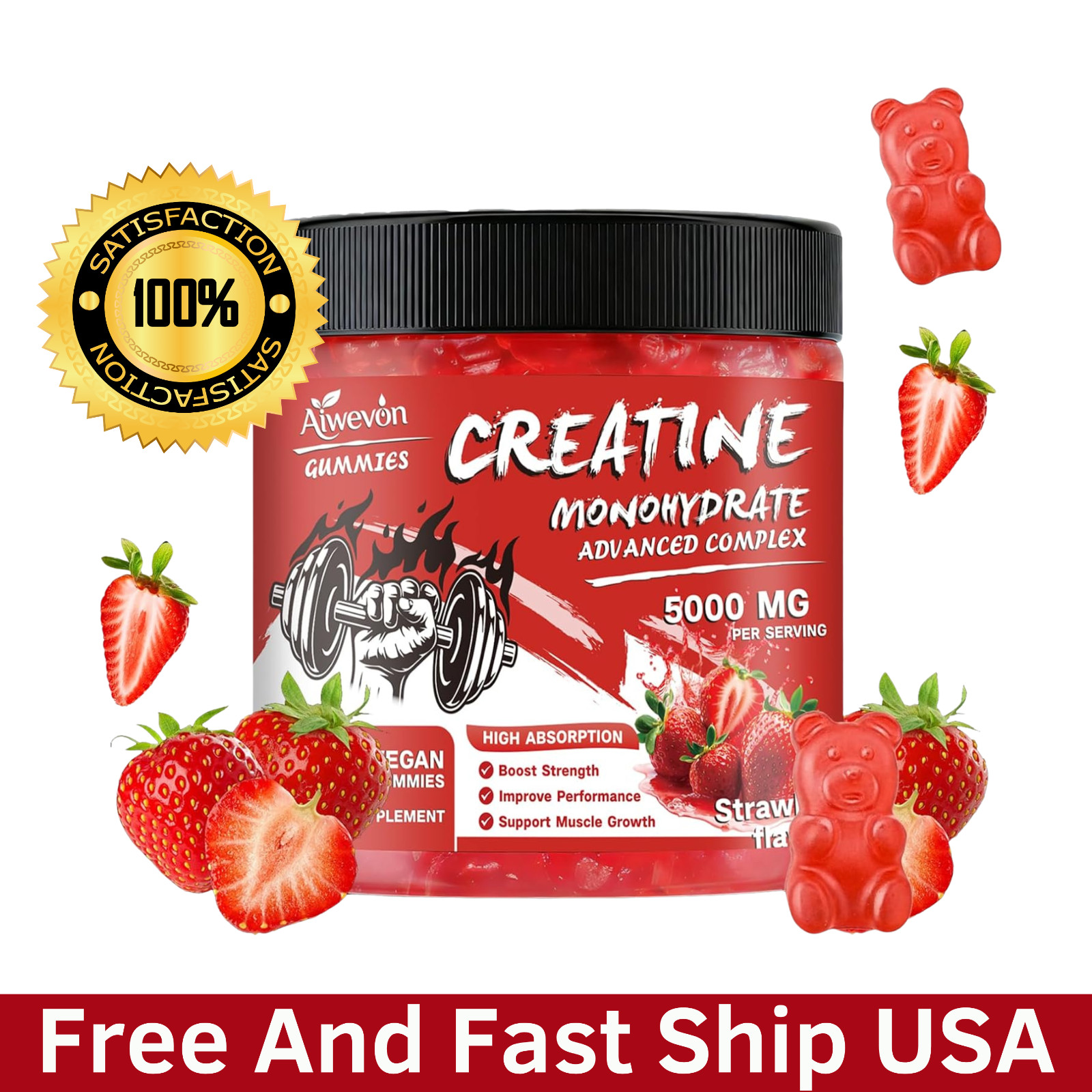 Creatine Monohydrate Gummies 5000mg 120 Ct Sugar Free Vegan Strawberry