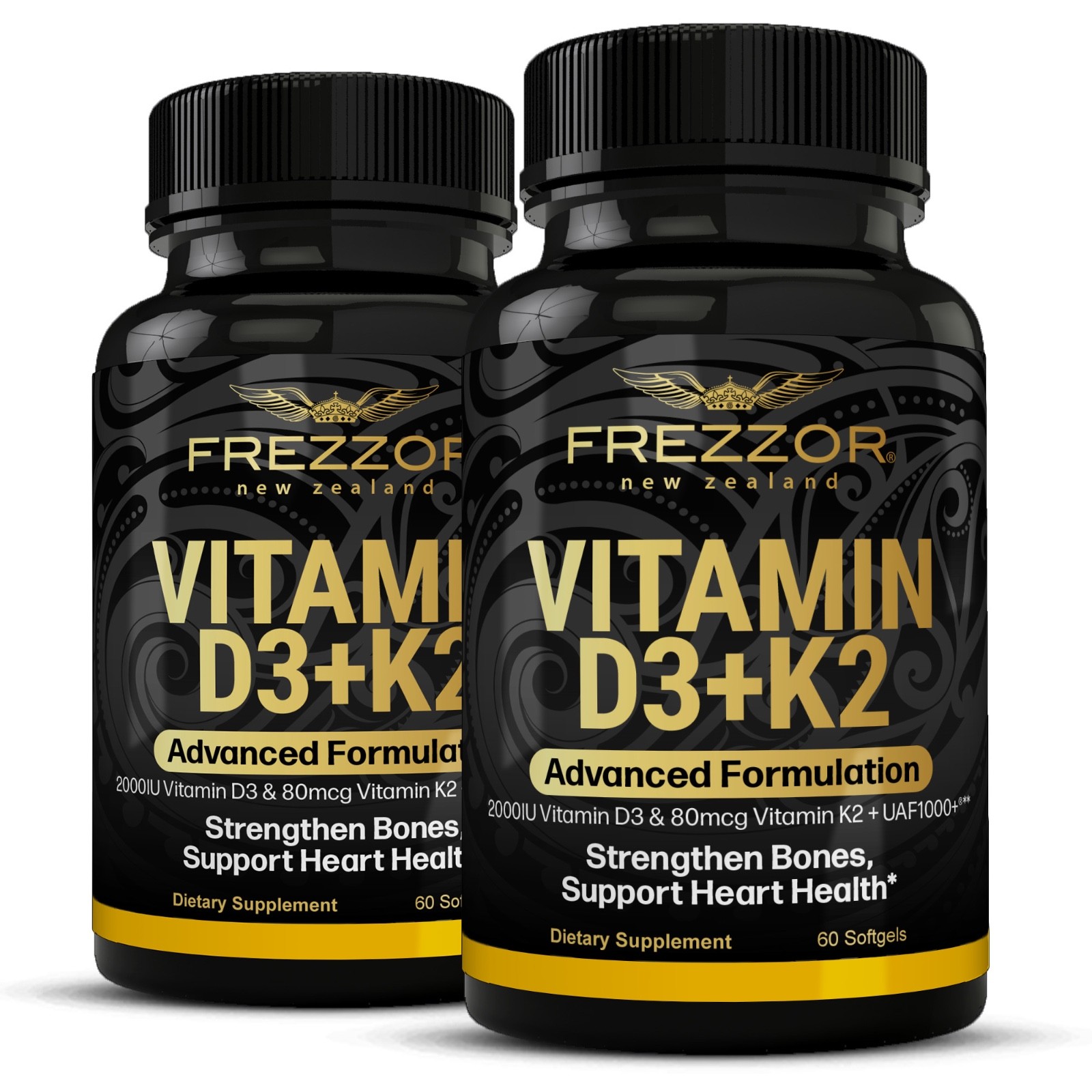 FREZZOR Vitamin D3 and K2, Pure New Zealand Product, 2 Bottles, 120 Capsules