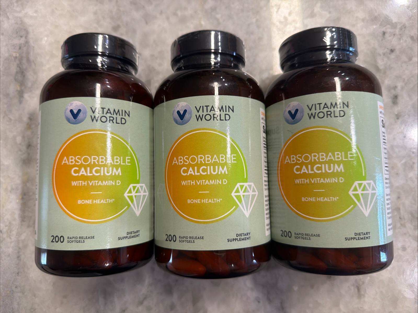3- Pack of Vitamin World Absorbable Calcium w/ vitamin D3 200 Softgels EXP 08/26