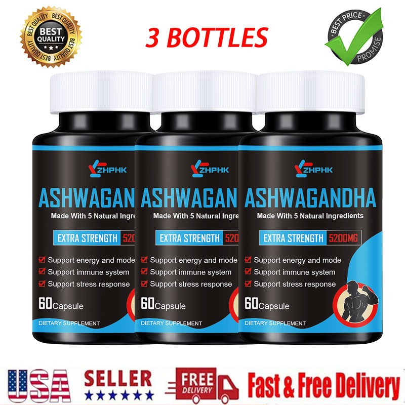 3 Packs Ashwagandha 5200mg Anxiety Calm Supplement with Black Pepper Root Powder