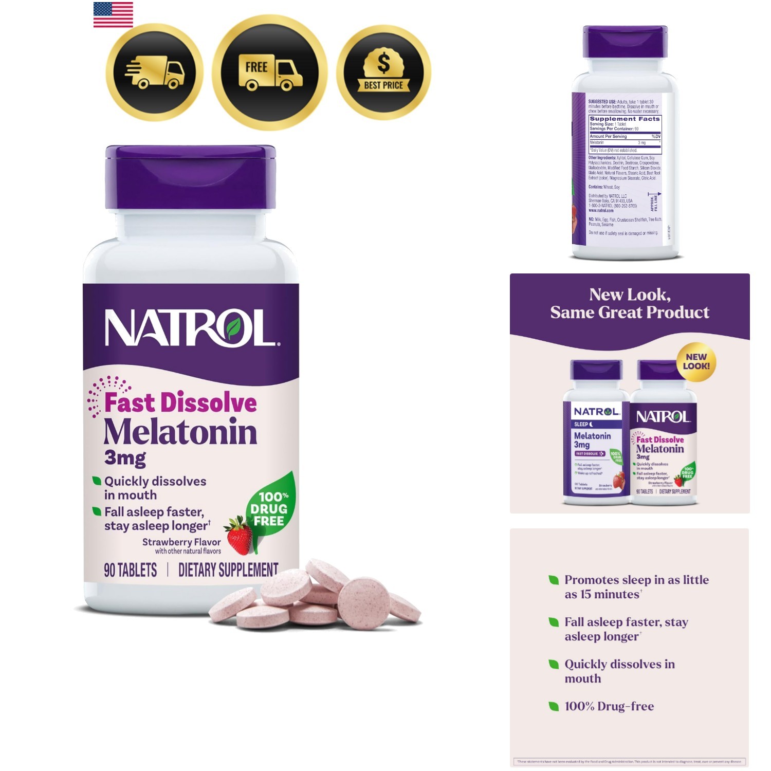 Melatonin Sleep Support Tablets Fast Dissolve 3 mg for Adults 90 Strawberry