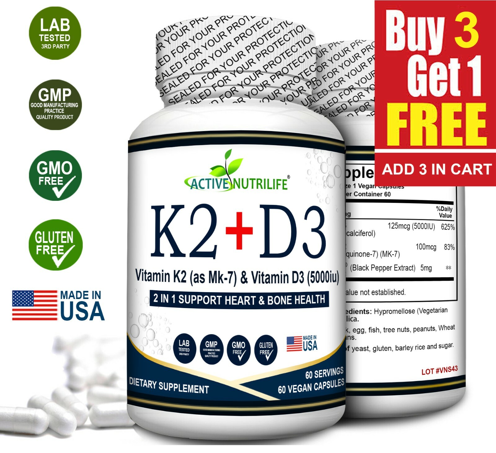 Vitamin K2 (MK7) with D3 5000 IU Supplement with BioPerine, 60 Veggie Capsules