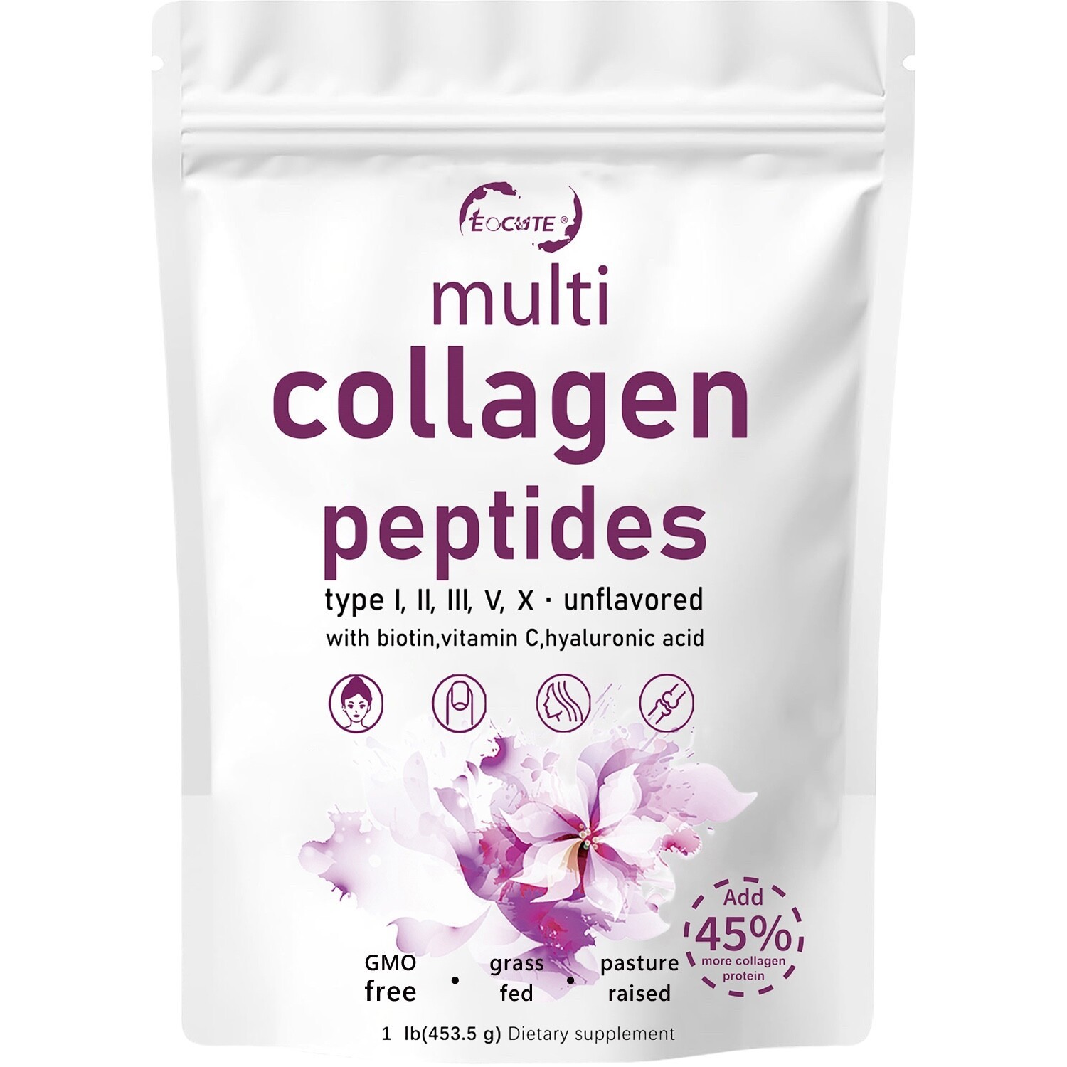 1LB Multi Collagen Peptides Powder–Hydrolyzed Protein with Type I, II, III, V, X