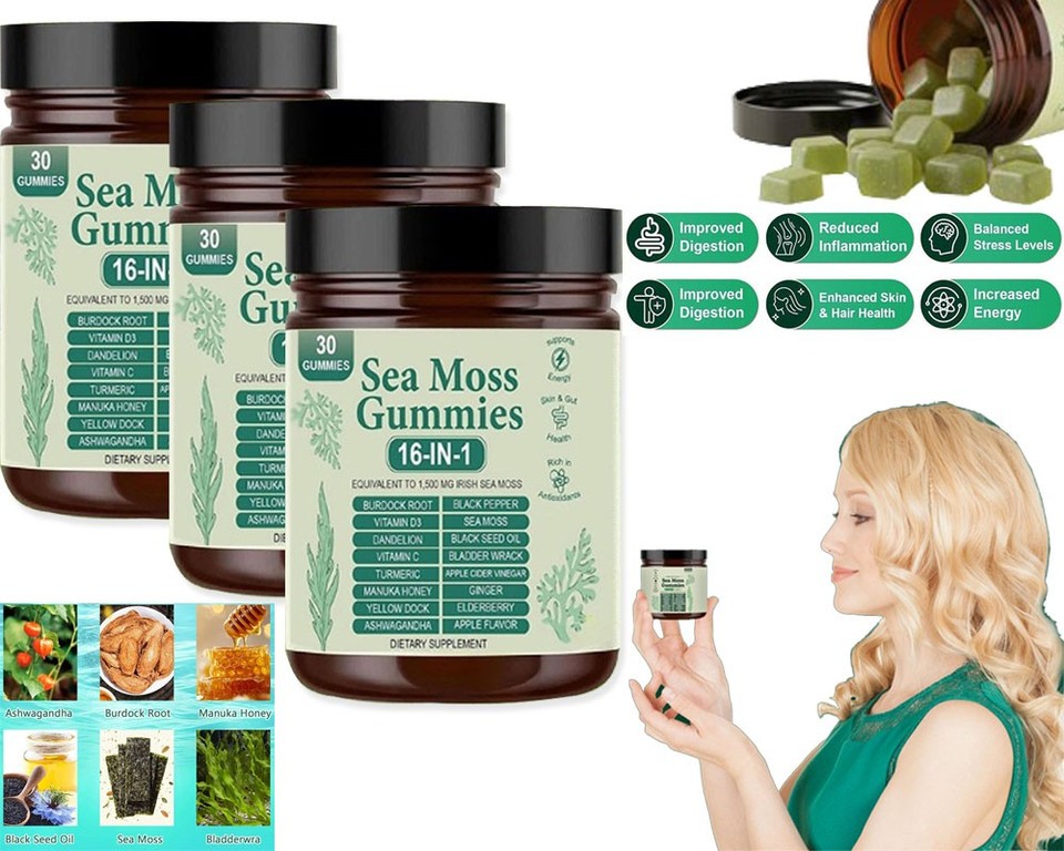 16 in 1 Organic Sea Moss Gummy | Irishmoss Extract 6000Mg | Green Apple Flavor