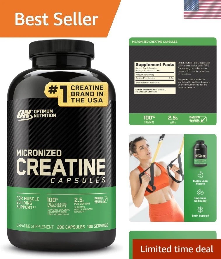 Pure Creatine Monohydrate Capsules – 2500mg Servings, Easy to Swallow, 200 Count