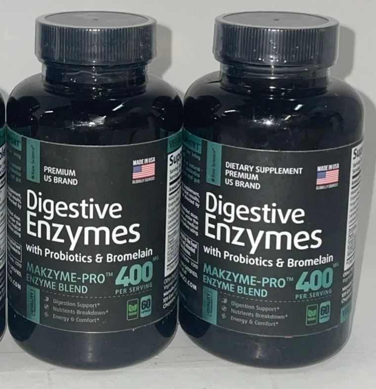 Exp 03/26 2 Pack Raw Science Digestive Enzymes Probiotics Bromelain 60 Ct Ea