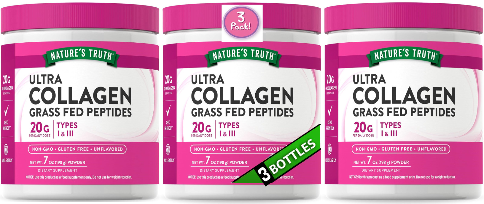 3 Pack Collagen Peptides Powder Unflavored 21oz (3×7) Non-GMO Keto Friendly 2028