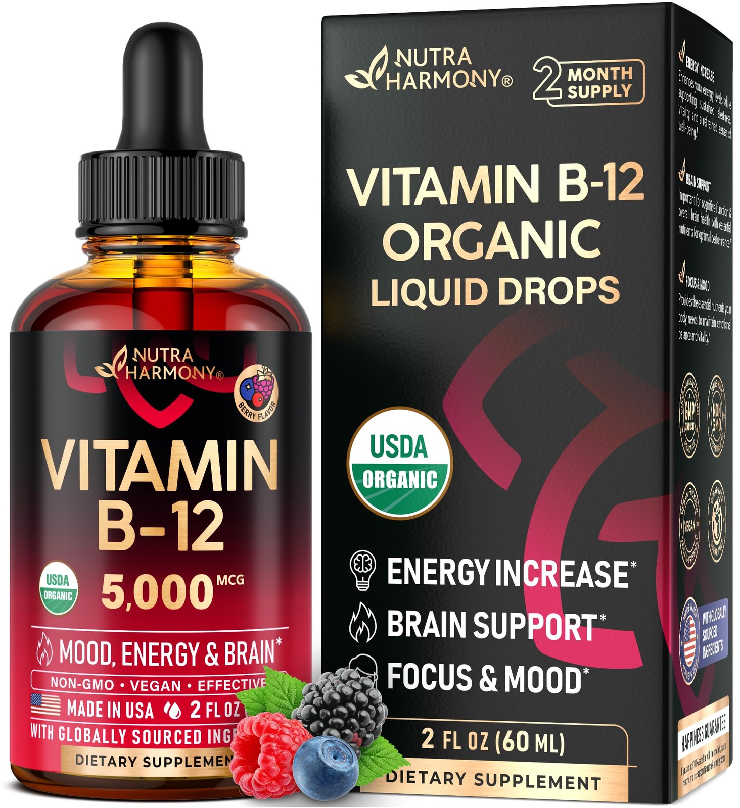 USDA Organic Vitamin B12 Sublingual Drops – 5000 mcg 2 Fl Oz (Pack of 1)