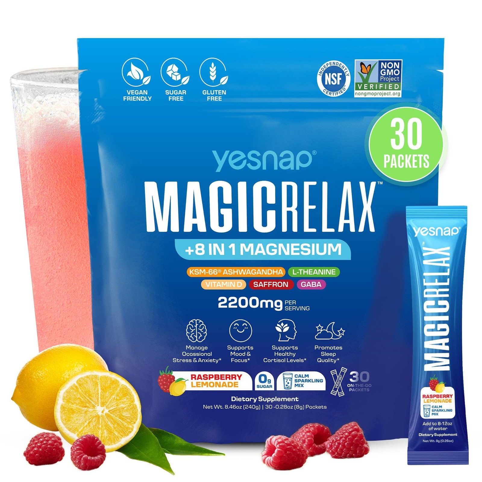 MAGICRELAX Calming Sparking Mix 8-in-1 Magnesium KSM-66 Ashwagandha Saffron V…