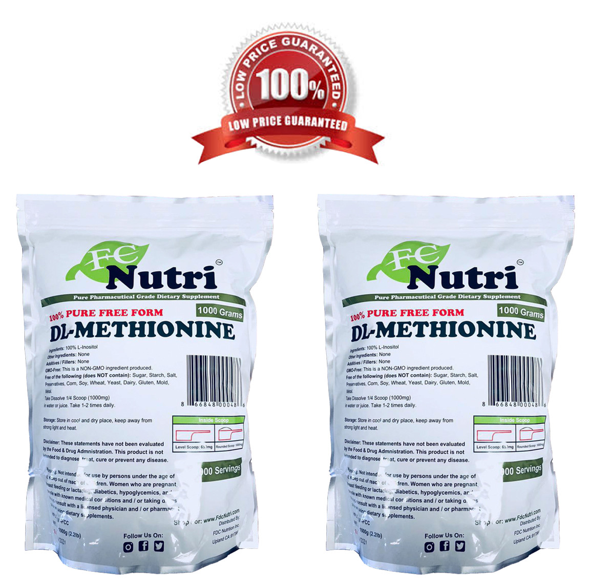 Best DL-Methionine Powder 100% pure 2.2lb x2 Bags (1000 grams) By FDCNutri