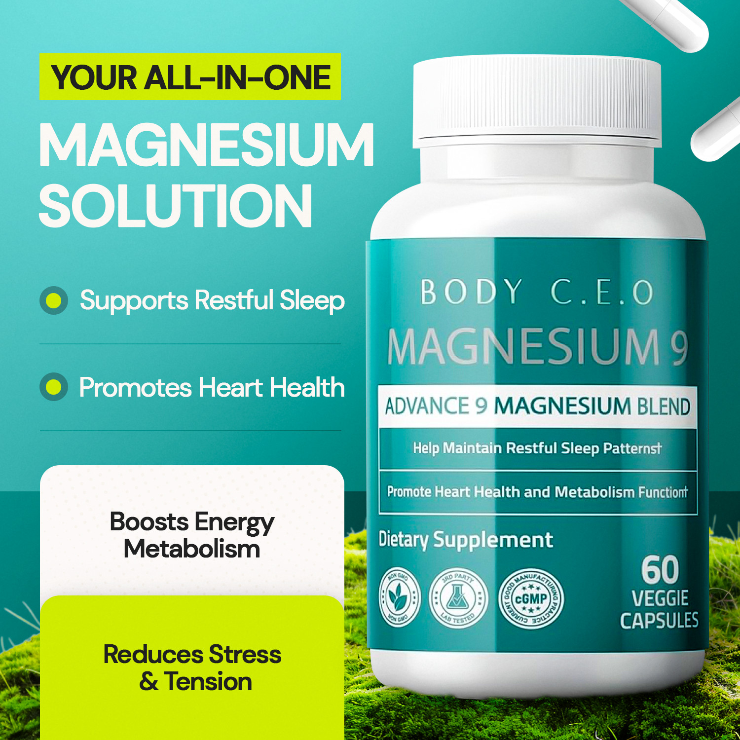 Magnesium 9 Complex Supplement 500mg, High Absorption Magnesium Citrate 60 Cap