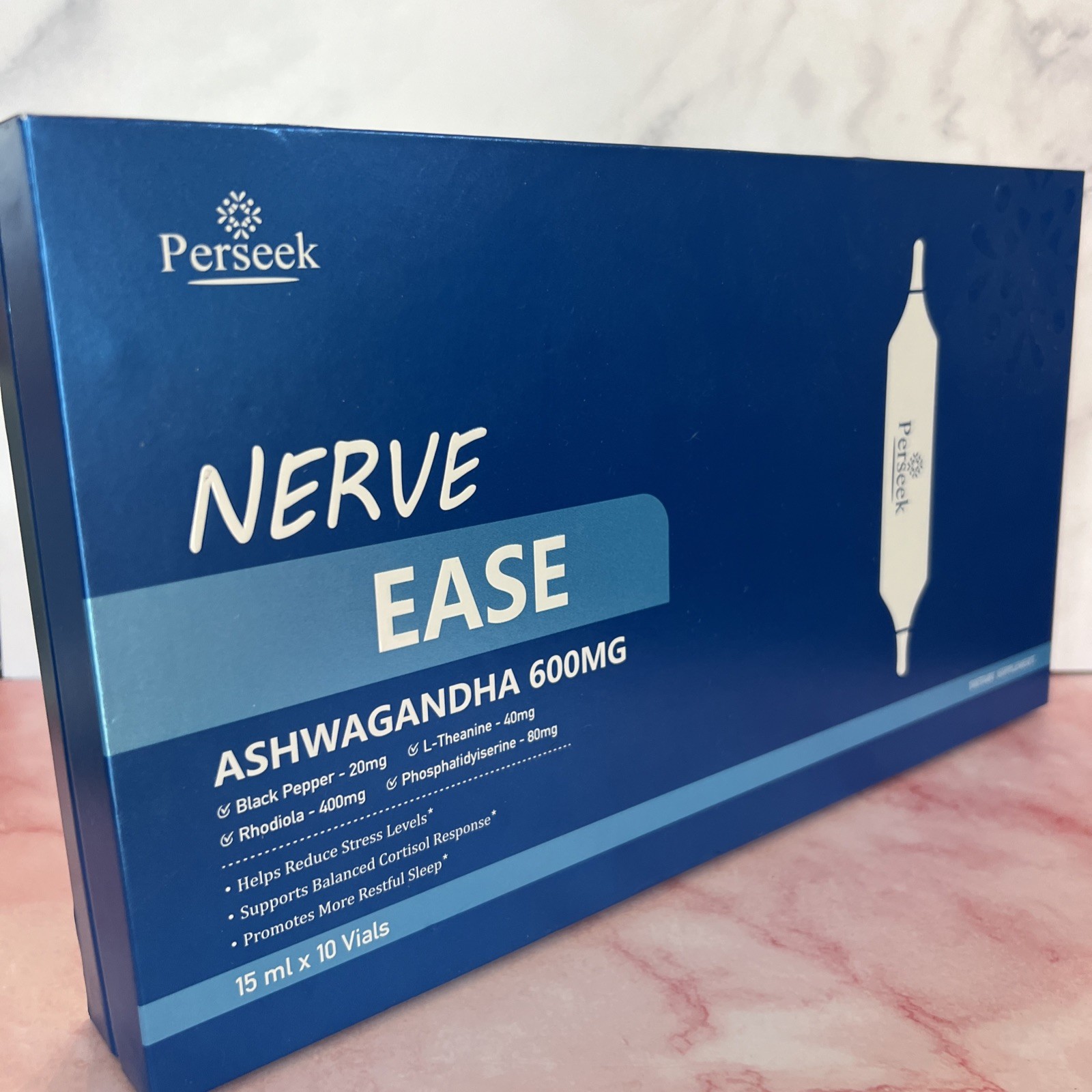 Perseek Nerve Ease Ashwagandha 600mg Liquid Shots, 10 Vials Dietary Supplement