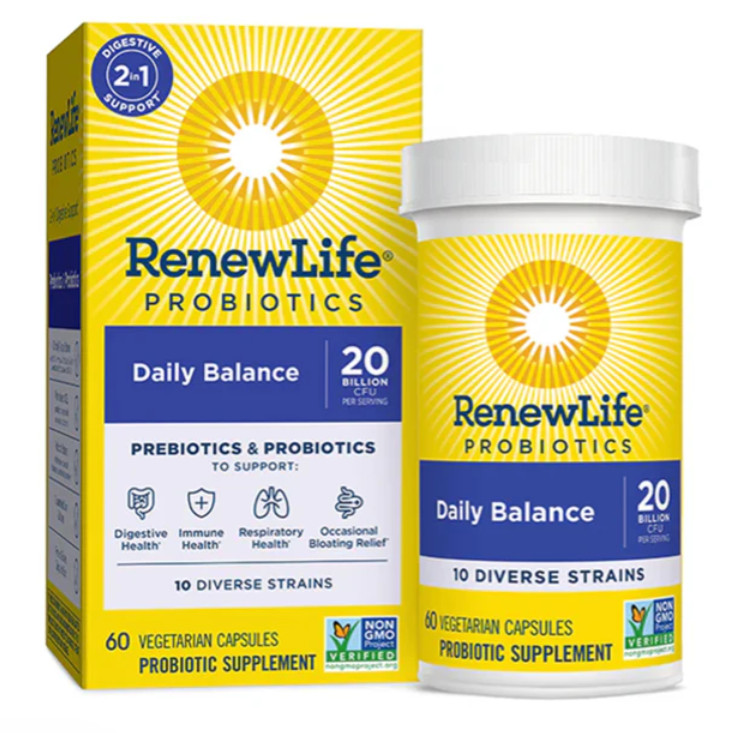 Daily Balance Probiotics + Prebiotic | 60 Count | 20 Billion CFU | by Renew Life