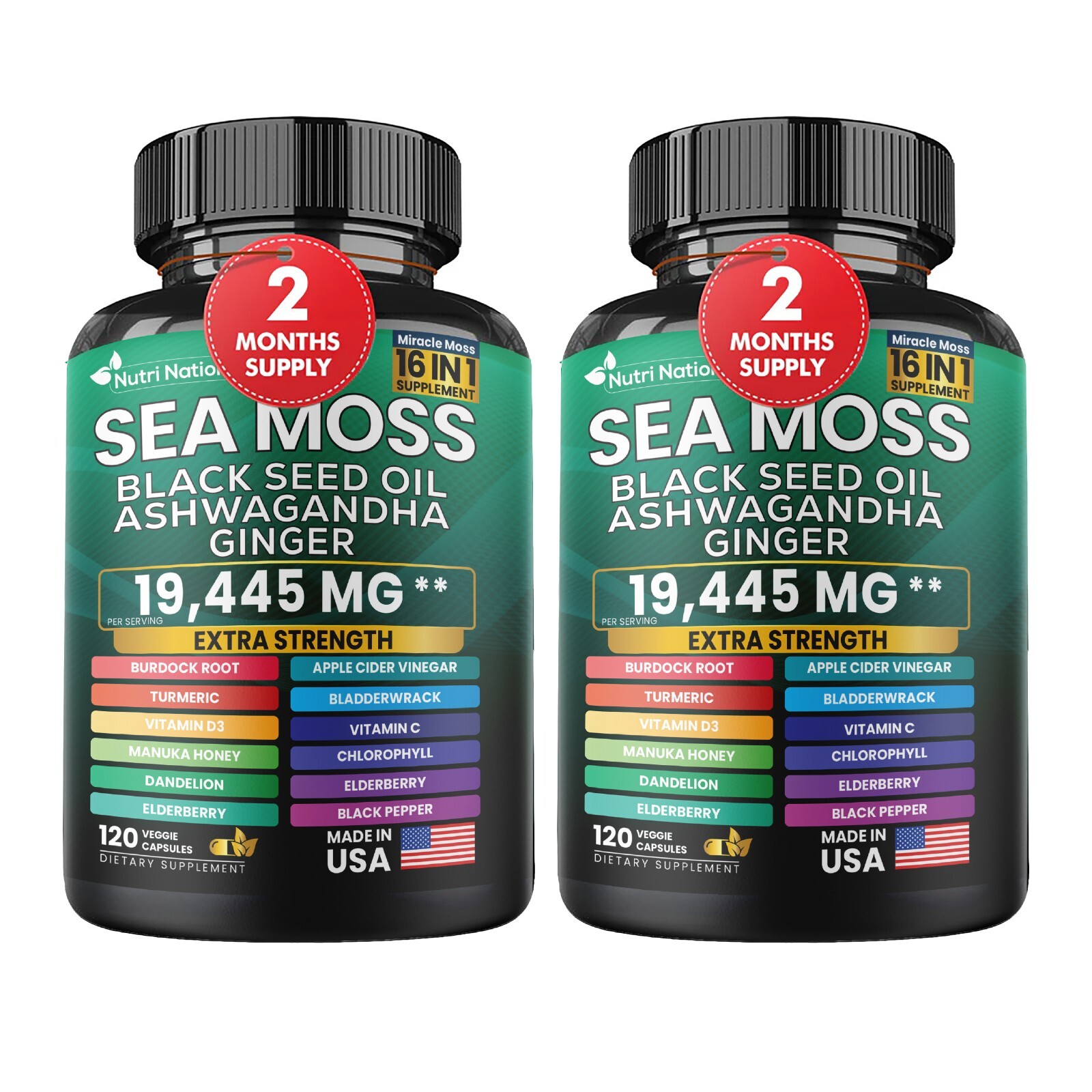 Sea Moss, Black Seed Oil, Ashwagandha, Turmeric, Ginger (16 in 1) 2 Bottles
