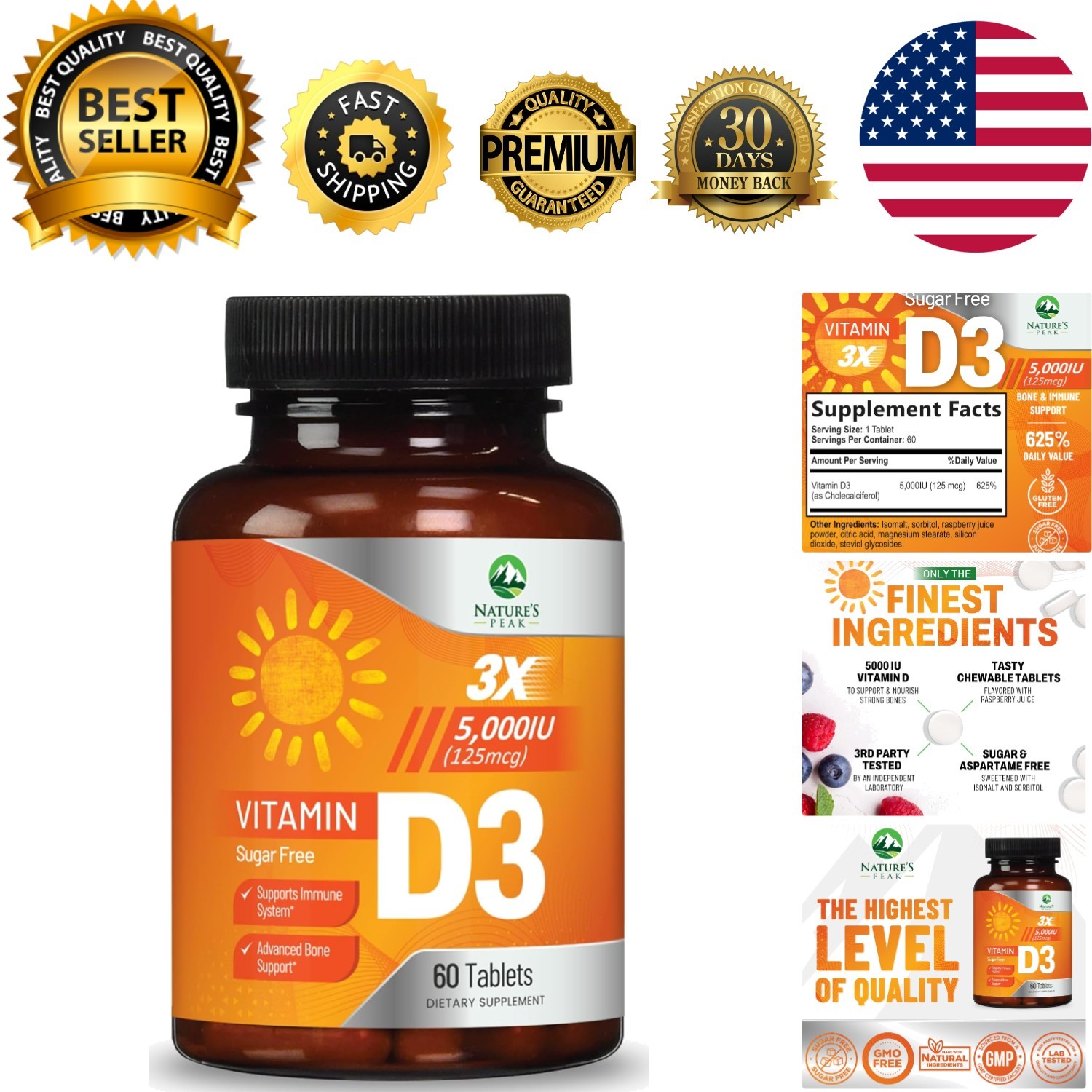 60 Chewable Raspberry Vitamin D3 5000 IU –  Supplement for Health Support