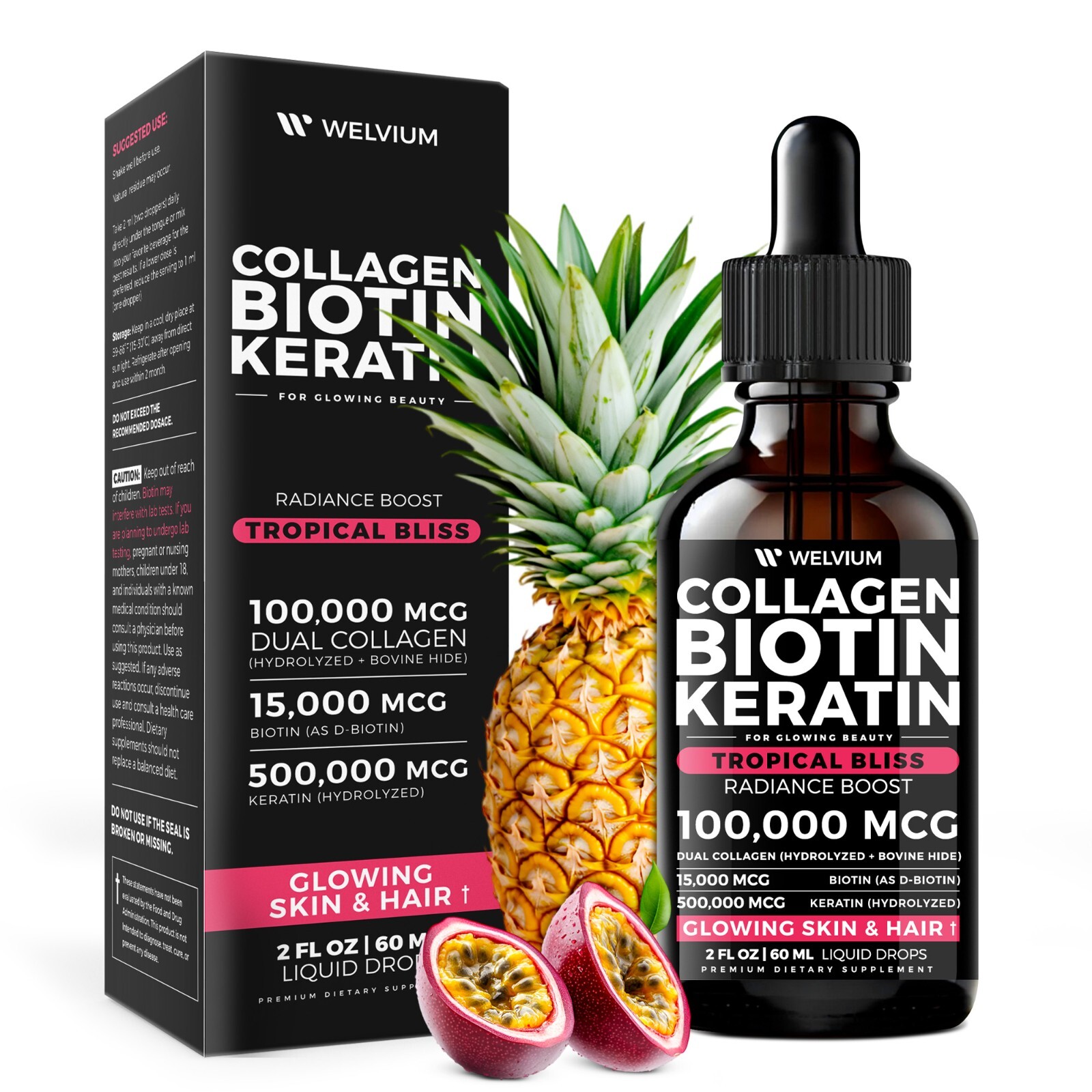 Liquid Biotin & Collagen Peptide Drops – Hair Skin Nails, Hyaluronic + Keratin