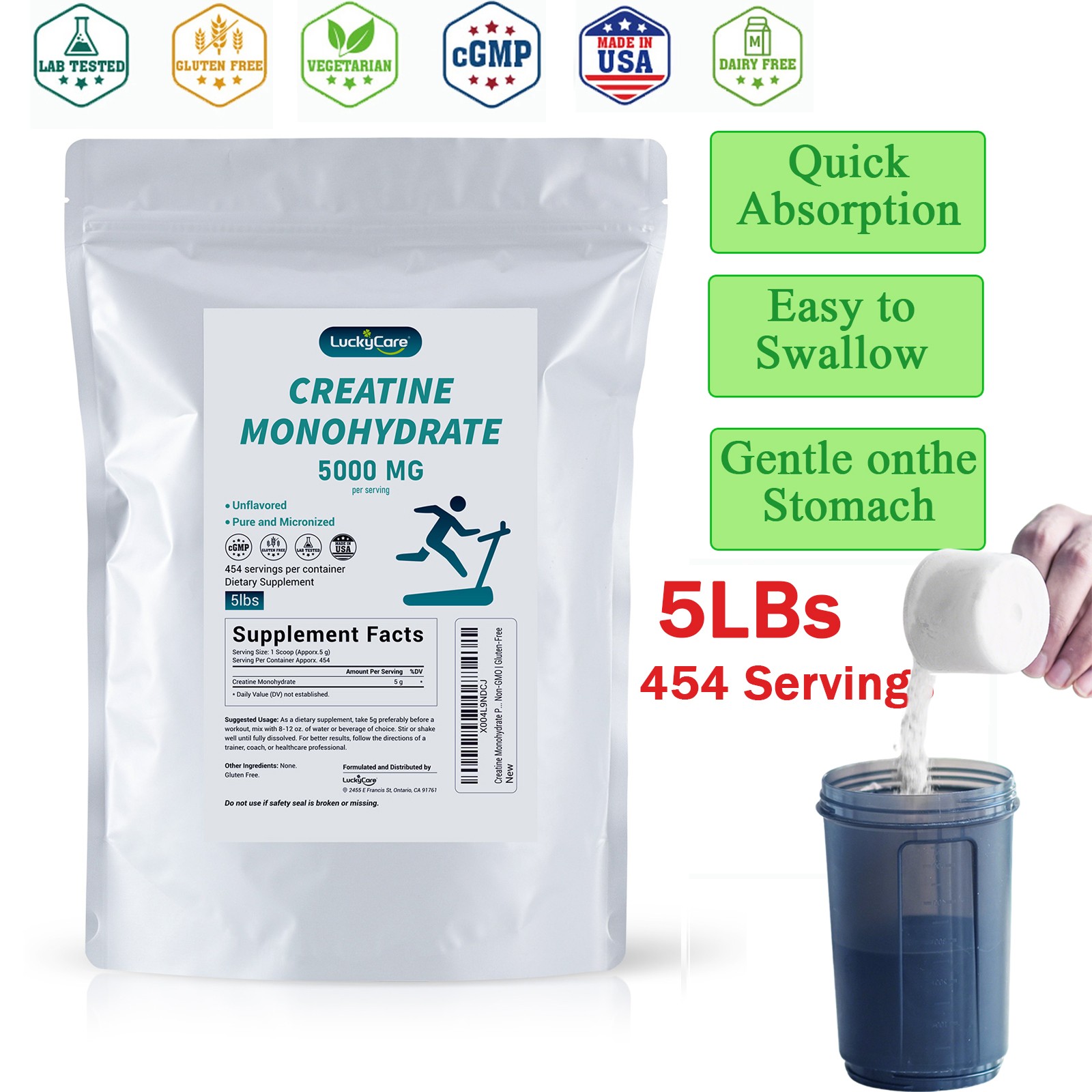 Pure Creatine Monohydrate Powder 5lbs (80oz) Micronized 454 Servings USA