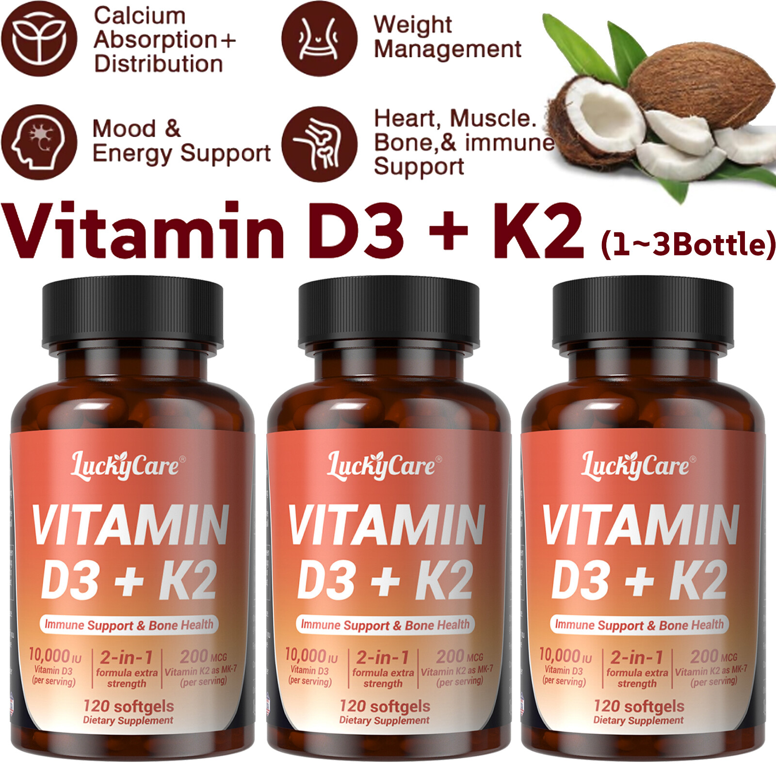 1-3Bottle Vitamin D3 K2 Softgels Extra Strength D3 K2 Supplements with 10000 IU