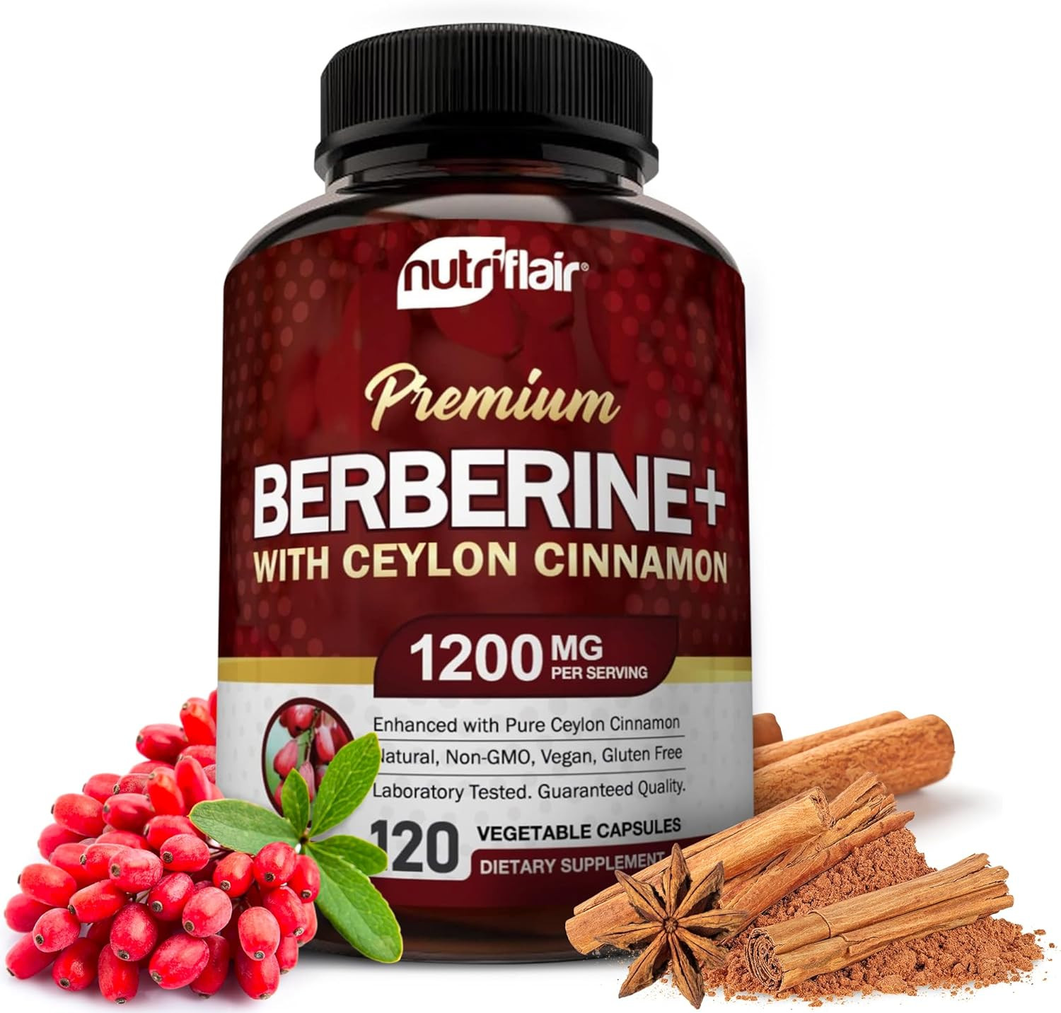 Premium Berberine HCL 1200Mg, 120 Capsules – plus Pure True Ceylon Cinnamon, Ber